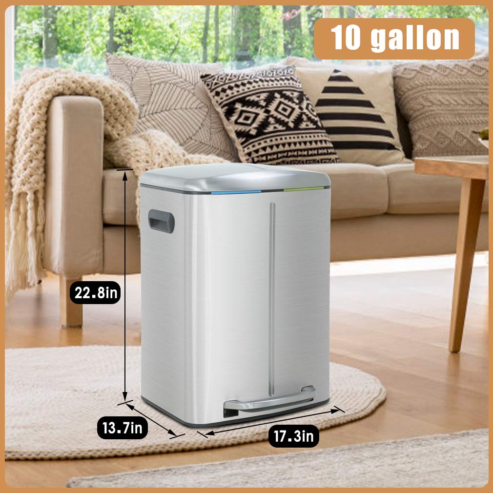 10 Gallon (40L) Stainless Steel Step Trash Can with Lid - Large Metal Waste Bin for Office, Kitchen, Bathroom - Includes 2 Removable Liner Buckets - Perfect for Recycling, Garbage Disposal & Home Organization