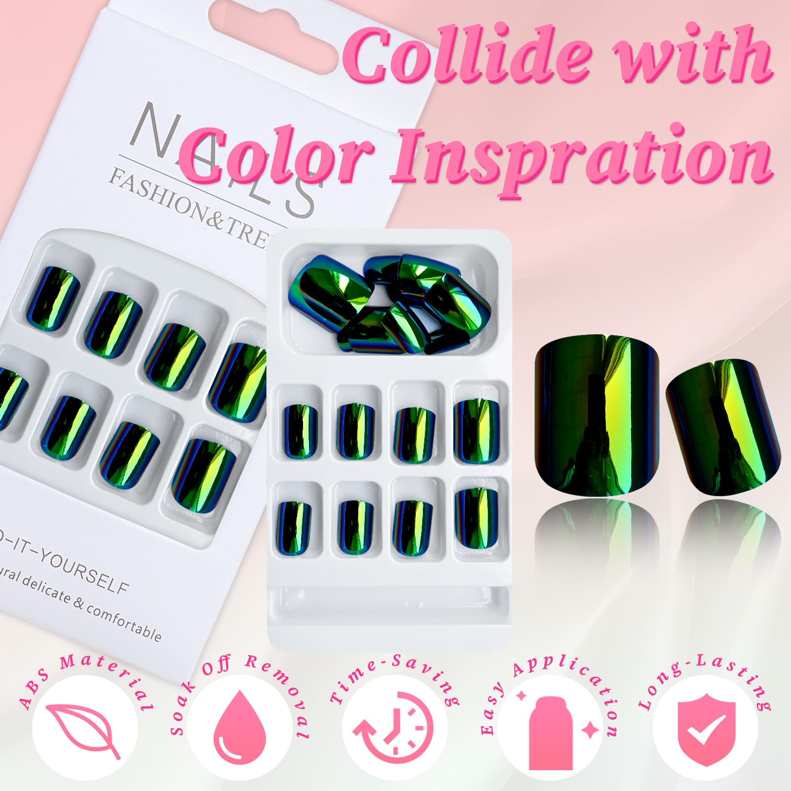 24Pcs Chrome Press on Nails Short Square - Metallic Mirror Green & Purple Fake Nails with Glue | Glossy Stick on Nails for Women | Perfect for Parties, Weddings & Everyday Wear