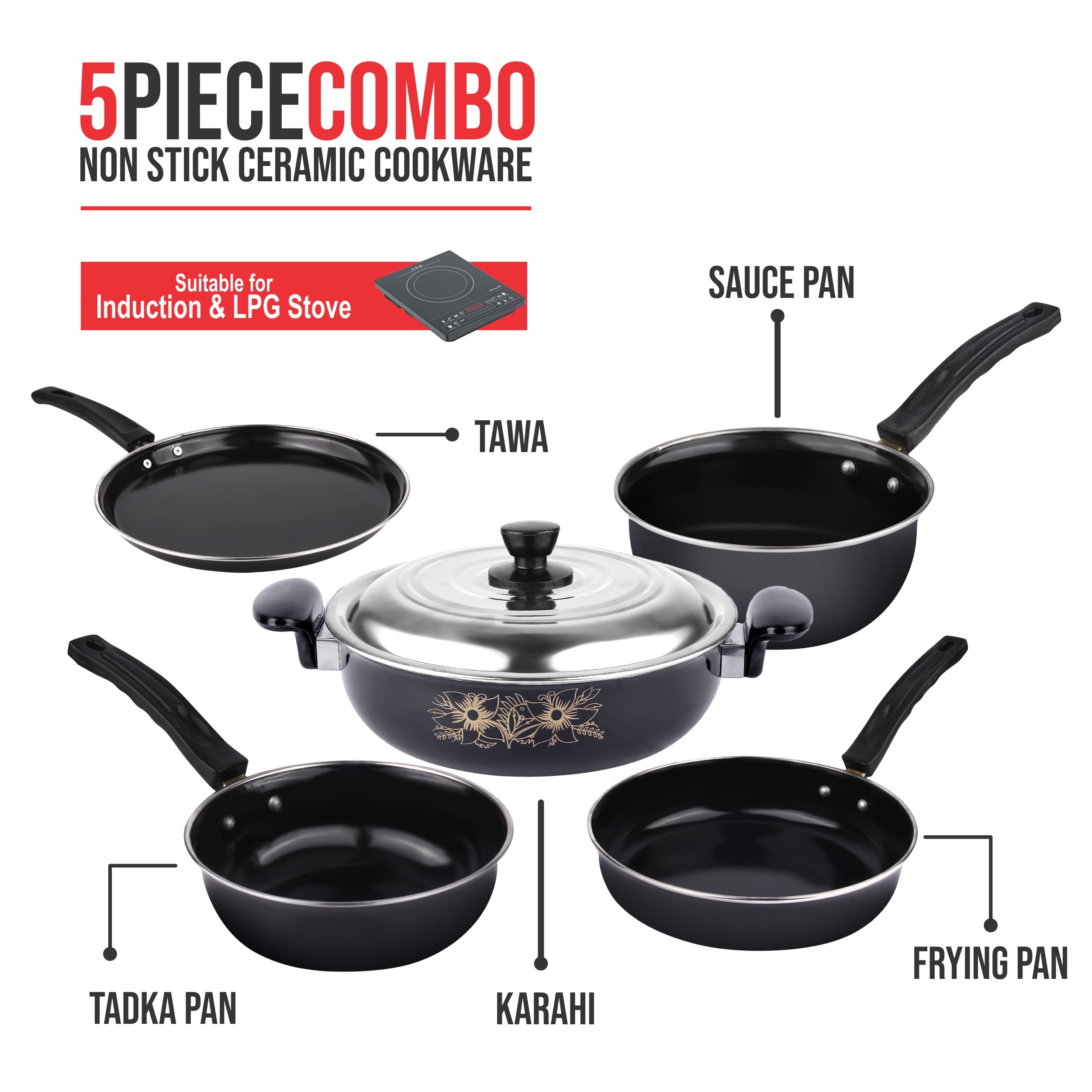 5-Piece Non-Stick Kitchen Cookware Set - Induction Compatible Kadai with Lid, Fry Pan, Tawa, Sauce & Tadka Pan - Ceramic Hard Anodized Cast Iron Utensils for Indian Cooking, Frying & Sauteing - Perfect for Home Chefs & Restaurant Use