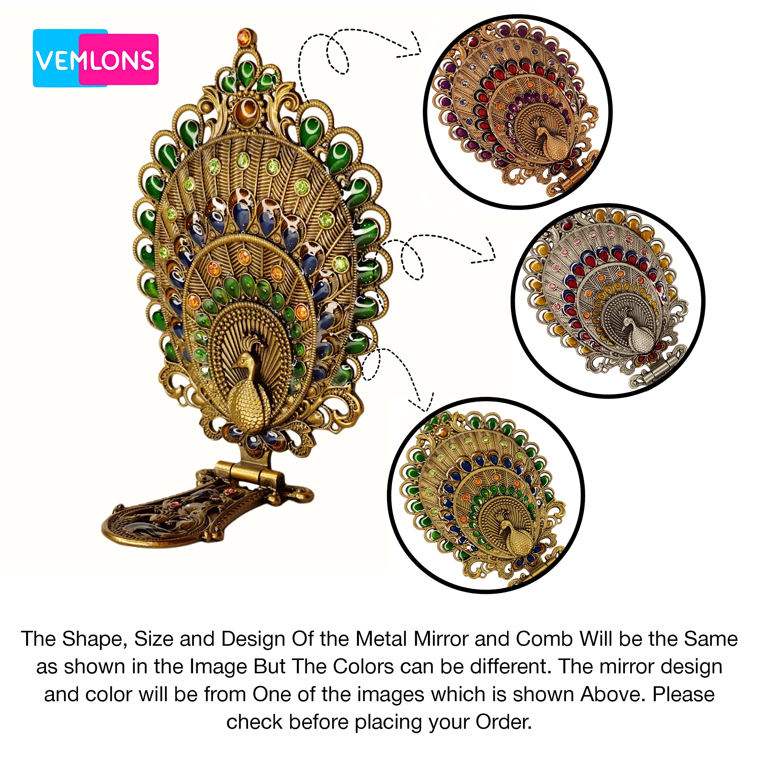 Vemlons Peacock Design Metal Mirror and Comb Set - Framed Oval Tabletop Vanity Mirror with Decorative Stand - Perfect for Dressing Table, Makeup, and Home Decor