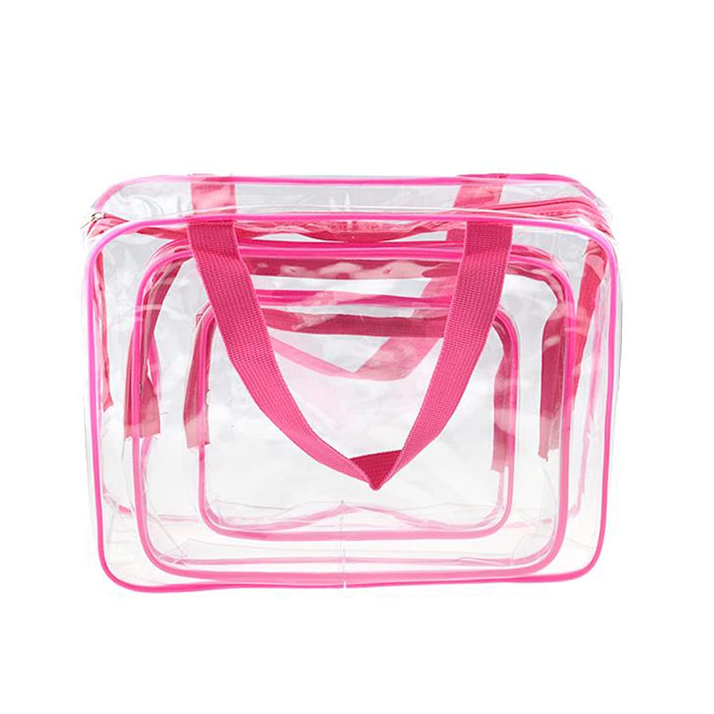 **GLAMZA® 6-Piece Clear Travel Toiletry Bag Set - Small, Medium & Large PVC Cosmetic Organizers for Men & Women | Includes 5x 50ml Travel Bottles | Perfect for Makeup, Toiletries & Airplane Carry-On (Pink)**