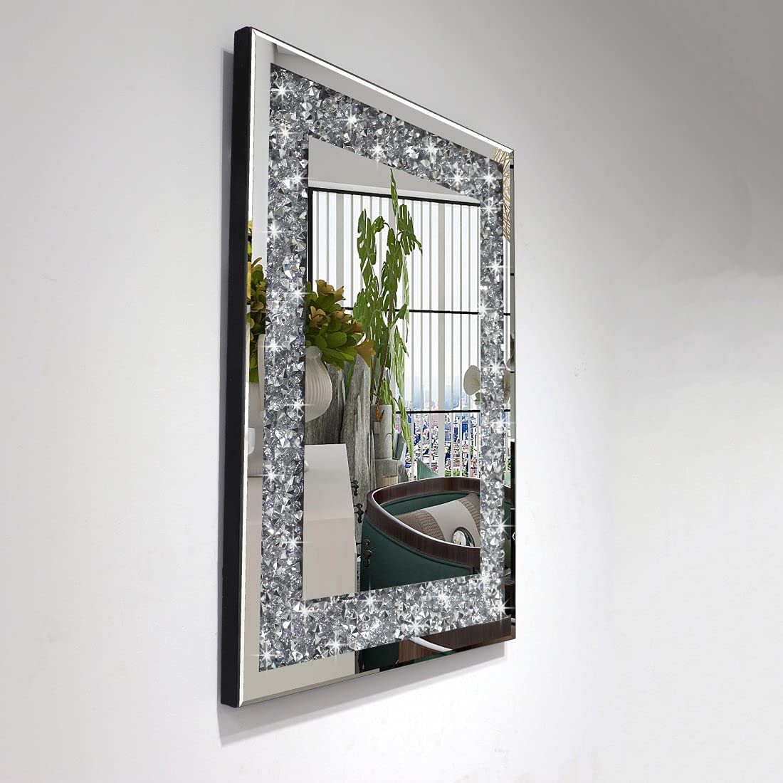 16x20 Inch Silver Crystal Crush Diamond Wall Mirror - Frameless Rectangle Decorative Mirror for Bedroom, Living Room & Bathroom - Sparkling Home Décor with Diamond Accents