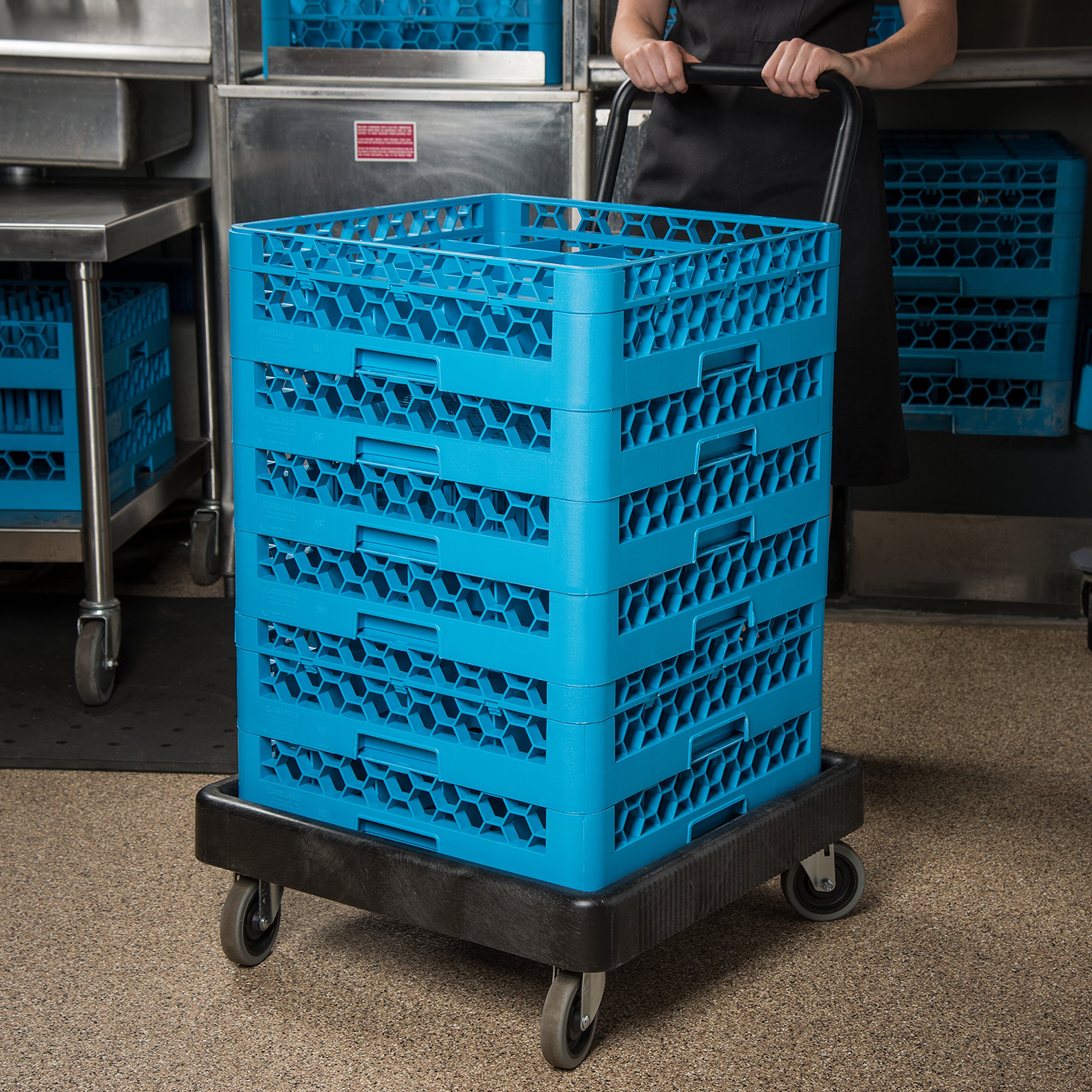 Carlisle FoodService E-Z Glide Dishwashing Rack Dolly - Heavy Duty Plastic Utility Cart with Drain & Handle for Commercial Kitchens, Restaurants (22.5x22.5x8 Inches, Black) - Perfect for Busy Dish Stations & High-Volume Food Service Areas