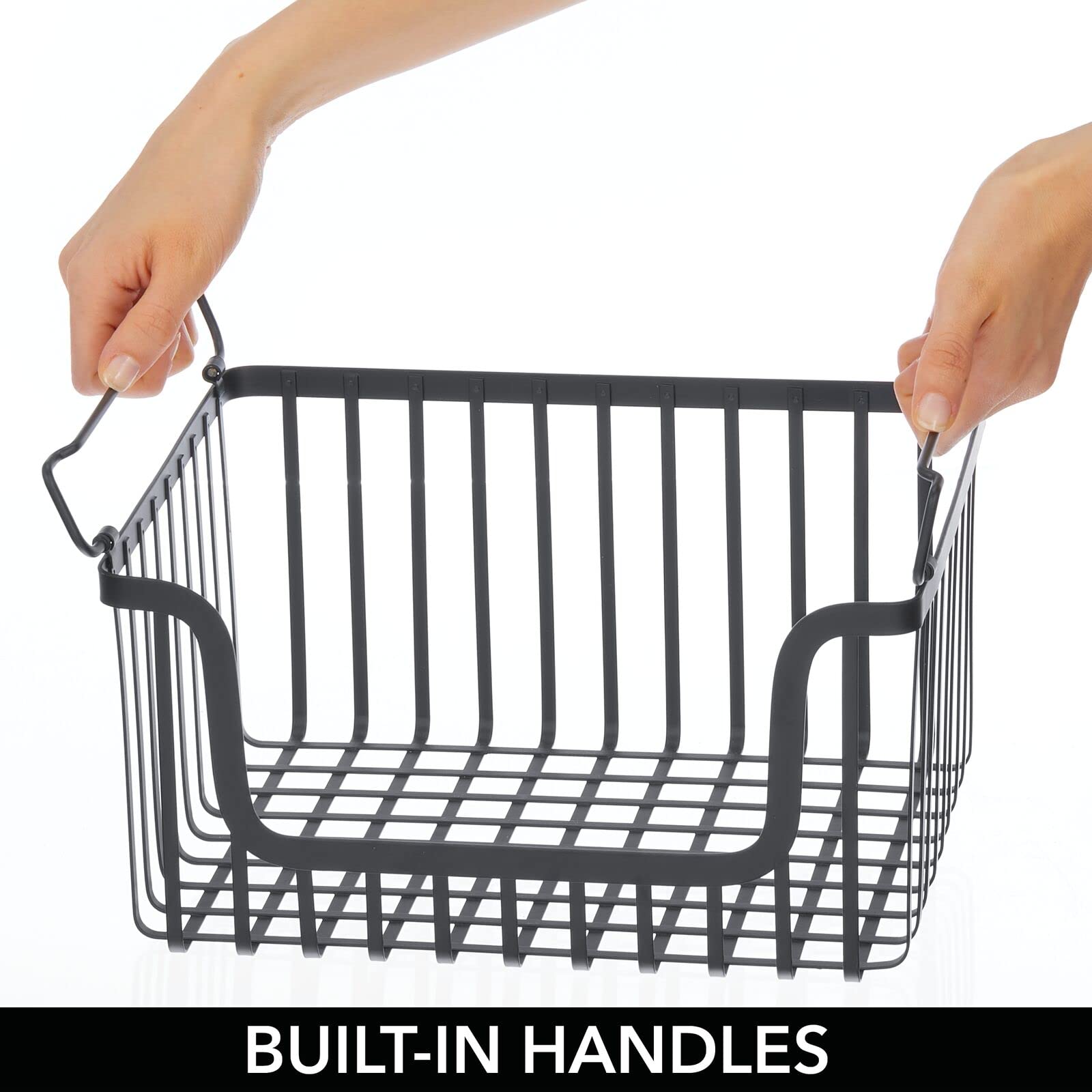 mDesign Large Stacking Wire Baskets - 2 Pack Matte Black Metal Storage Bins for Kitchen Cabinet & Pantry Organization | Perfect for Fruits, Vegetables, Snacks | Space-Saving Open Front Design | Carson Collection | Ideal for Home, Office, Dorm Room Storage Solutions