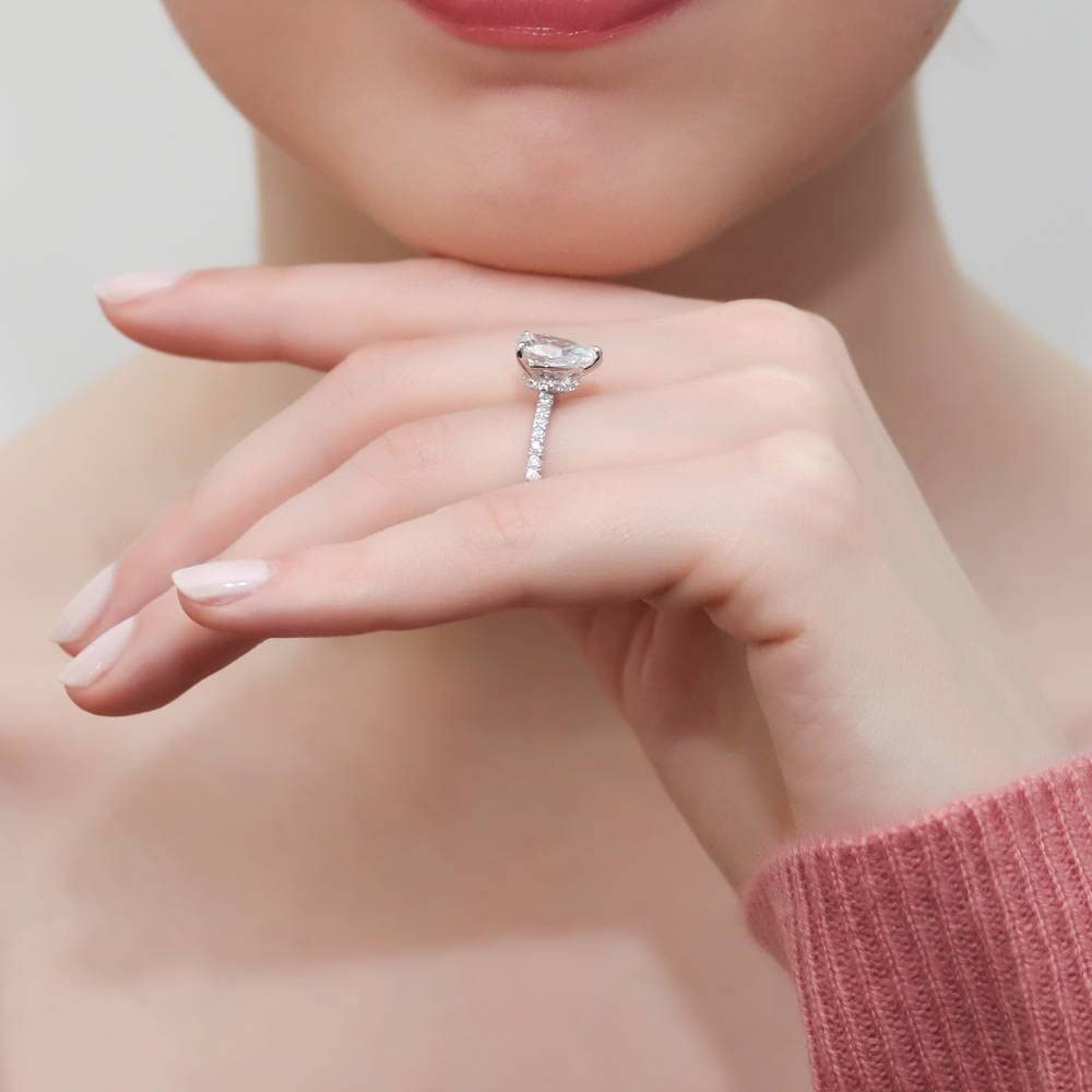 BERRICLE Sterling Silver Solitaire Wedding & Engagement Ring - 1.8 Carat Pear Cut Cubic Zirconia CZ Hidden Halo Promise Ring for Women, Rhodium Plated Size 4-10 - Perfect for Proposals, Anniversaries & Special Occasions