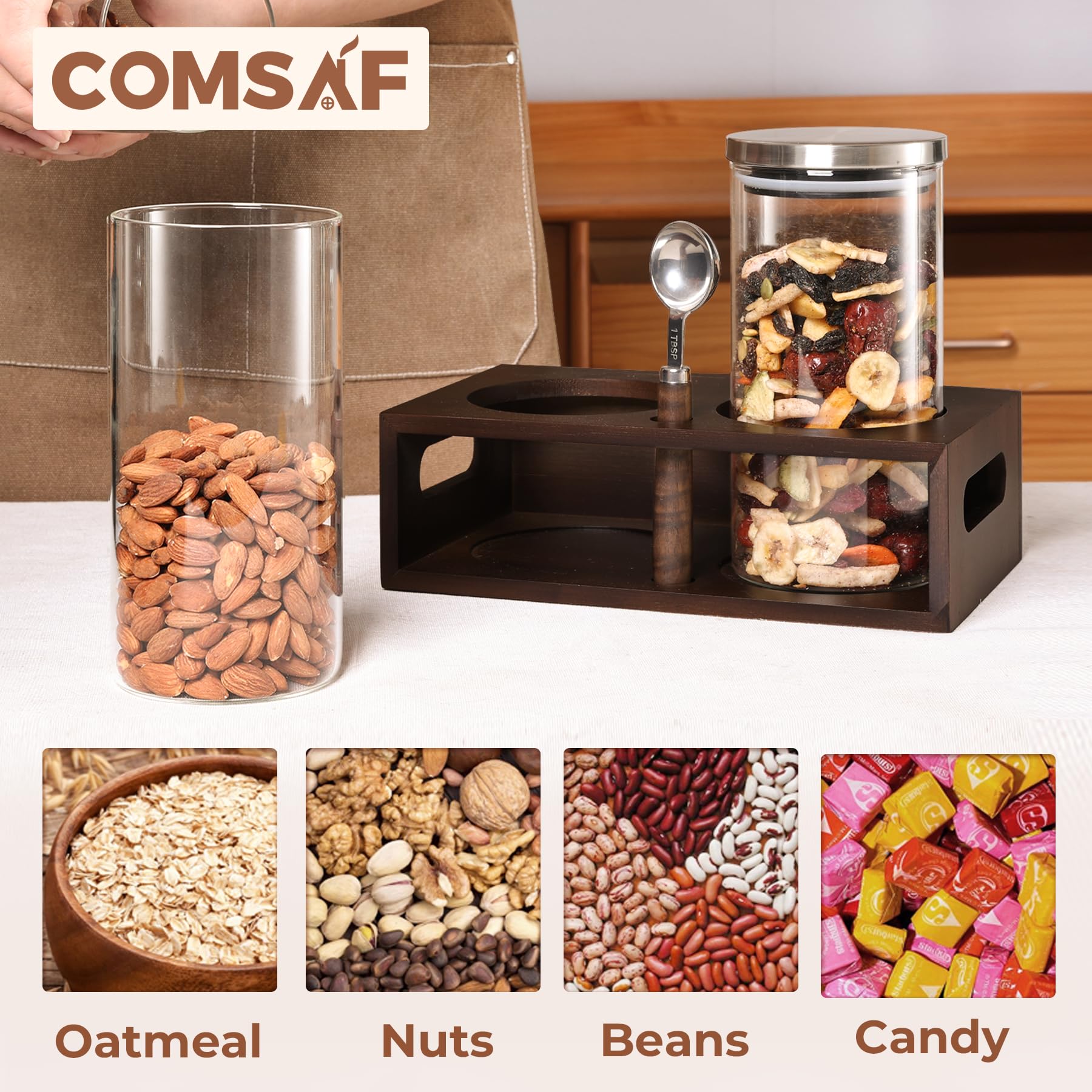 ComSaf 44oz Airtight Coffee Storage Canister with Stainless Steel Lid - 2 Pack Glass Coffee Containers for Ground Coffee & Beans, Includes Metal Scoop & Shelf - Perfect for Coffee Bars, Kitchens & Pantry Organization