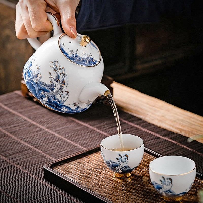 Premium Chinese Sea Wave Ceramic Teapot with 24K Gold Trim - Elegant Tea Brewing for Home, Office & Gift Giving