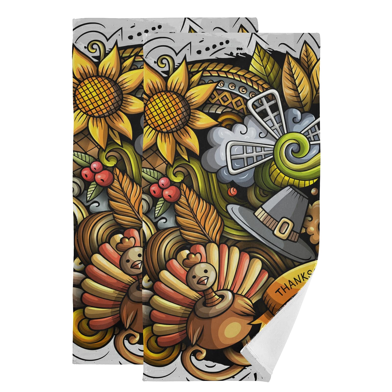 2 Pack Thanksgiving Cartoon Doodle Face & Hand Towels - 28x14 Inch Soft Absorbent Fingertip, Bath & Kitchen Towels for Bathroom, Guestroom & Kitchen - Perfect for Holiday Decor & Everyday Use