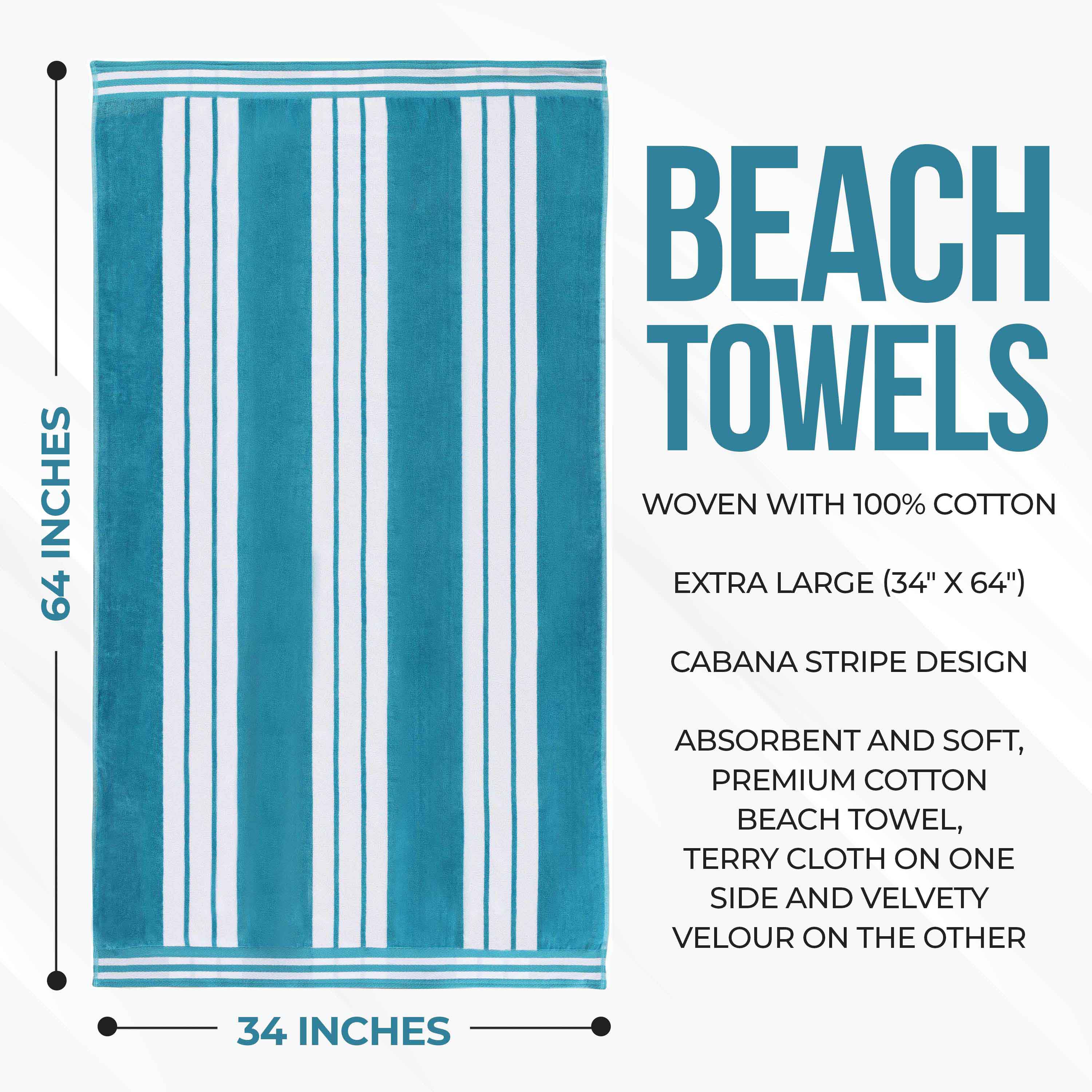 Premium Oversized Cabana Striped Cotton Beach Towel Set - 2, 4, or 6 Pack - Soft Quick-Dry Bath Towels for Pool, Beach, Vacation & Spa Days