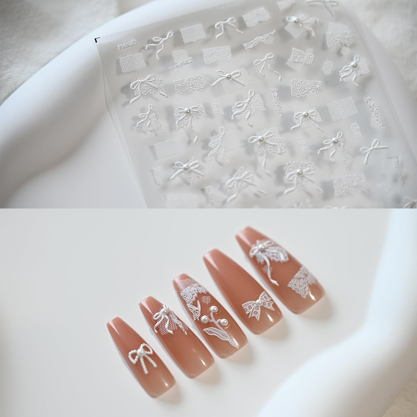 White Bow Ribbon Nail Art Stickers with Pearl Lace Rhinestones - Self-Adhesive Nail Decals for Women, Embossed Nail Design Accessories (3 Sheets) - Perfect for Bridal, Party & Salon Nail Art