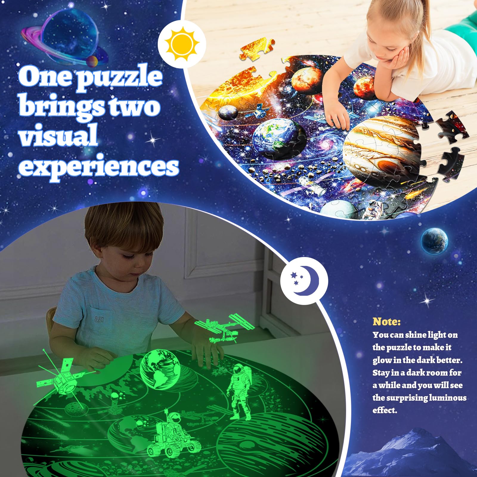 Glow in The Dark Solar System Puzzle for Kids Ages 4-10 - 70 Piece Space Planet Floor Puzzle - Educational STEM Toy Gift for Boys & Girls - Perfect for Bedroom Decor & Astronomy Learning Activities