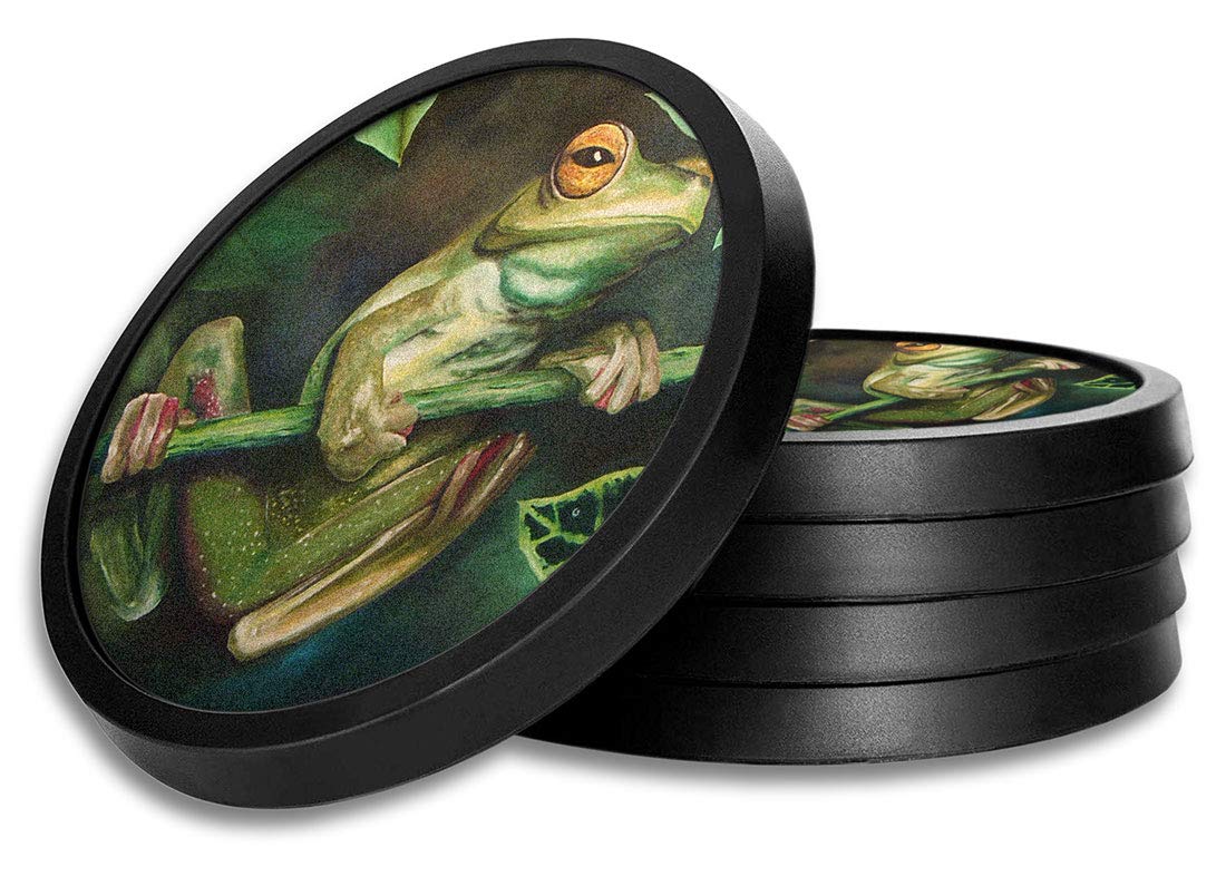 Non-Slip Silicone Drink Coasters with Removable Absorbent Felt Pads - Set of 4 - Yellow Eyed Tree Frog Design - Perfect for Home, Office, and Party Use