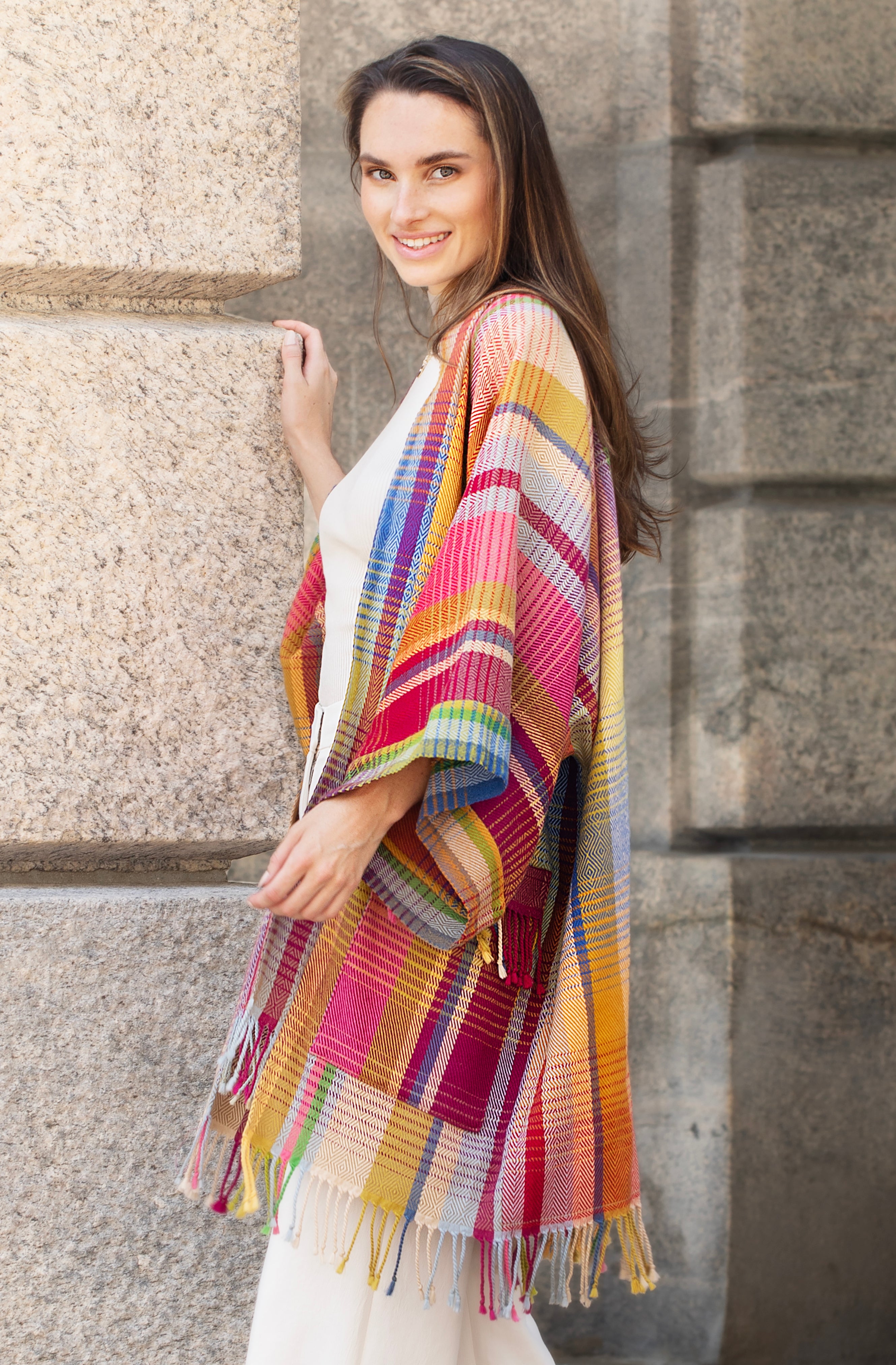 Rainbow Tartan Long Jacket for Women - Stylish Plaid Coat with Belt, Vintage Fashion Outerwear - Perfect for Fall, Winter & Casual Outfits