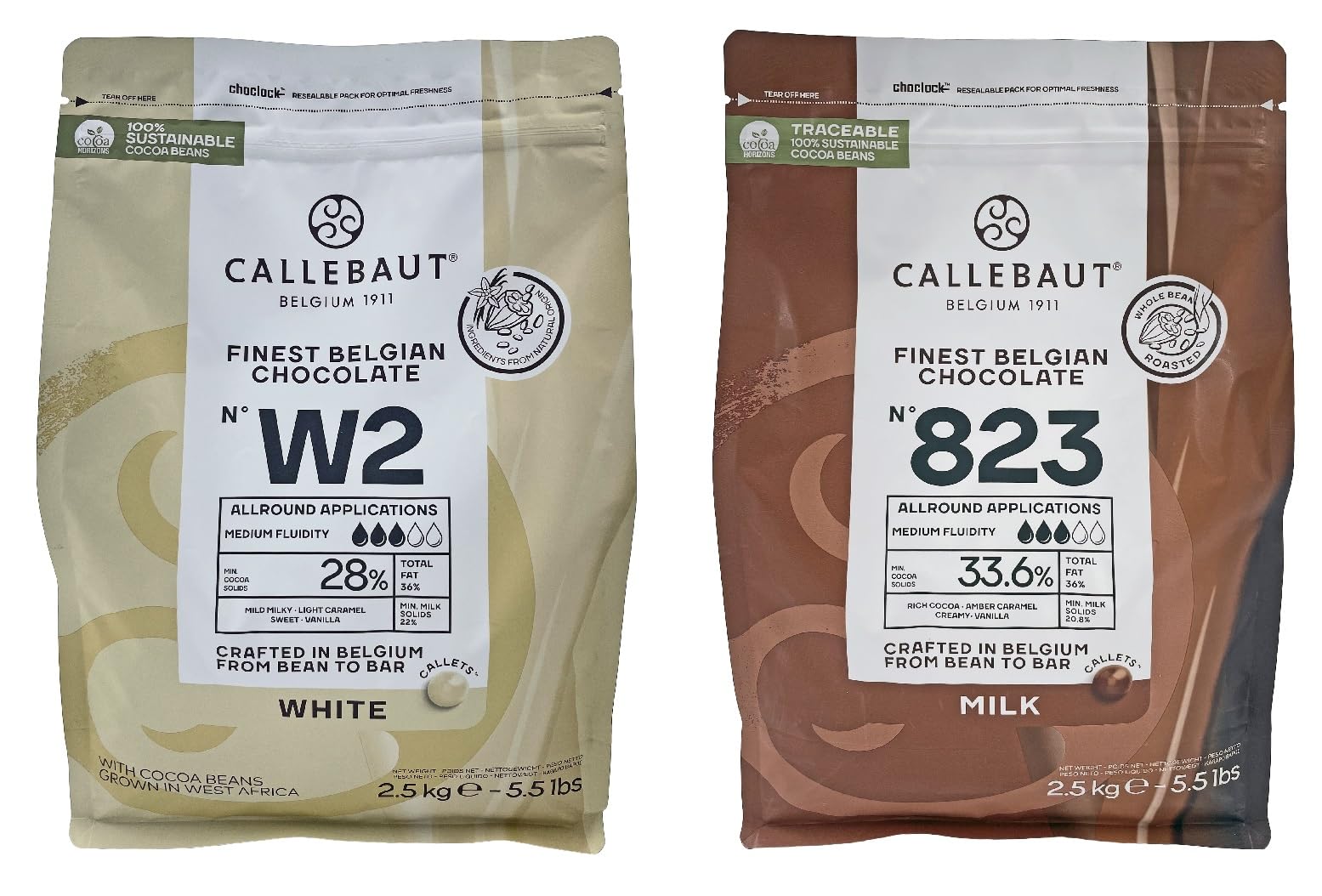Premium Callebaut Belgian Chocolate Callets - 2 Pack of 5.51 lb Bags (2.5KG) Milk & White Chocolate for Baking, Desserts & Gourmet Recipes