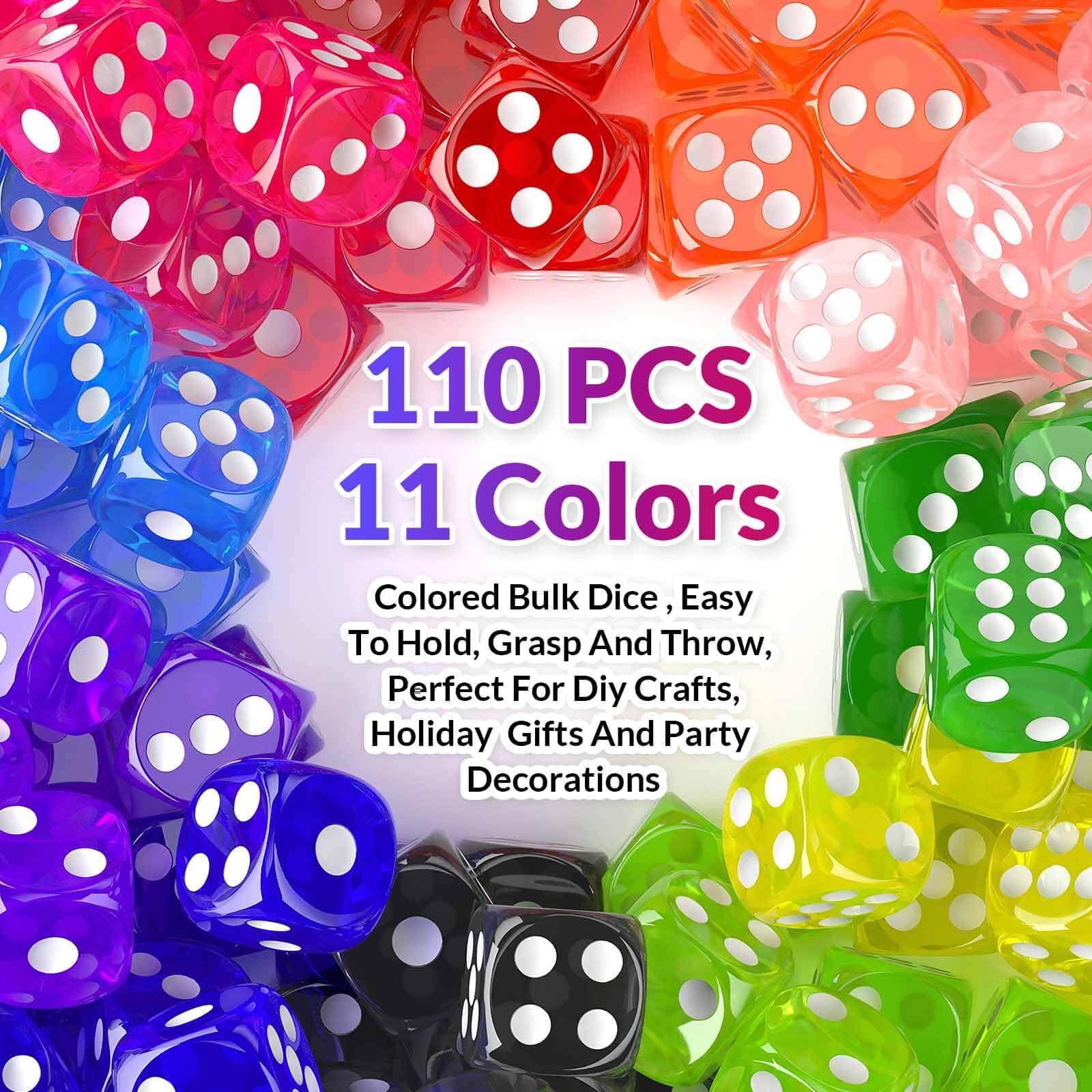 110-Piece Multicolor Dice Set - 11 Vibrant Colors (Red, Yellow, Blue, Green) for Board Games, Math Teaching, D&D, Casino Nights & Family Game Nights - Bulk Six-Sided Dice for Classroom, Parties & Tabletop Gaming