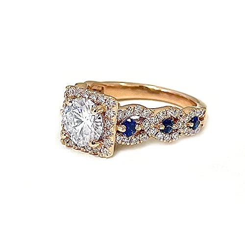 14K Rose Gold Round Cut Natural Diamond & Sapphire Halo Engagement Ring - 2.00ctw Bridal Wedding Proposal Ring (Size 7.75) | Perfect for Romantic Proposals, Anniversary Gifts & Special Occasions