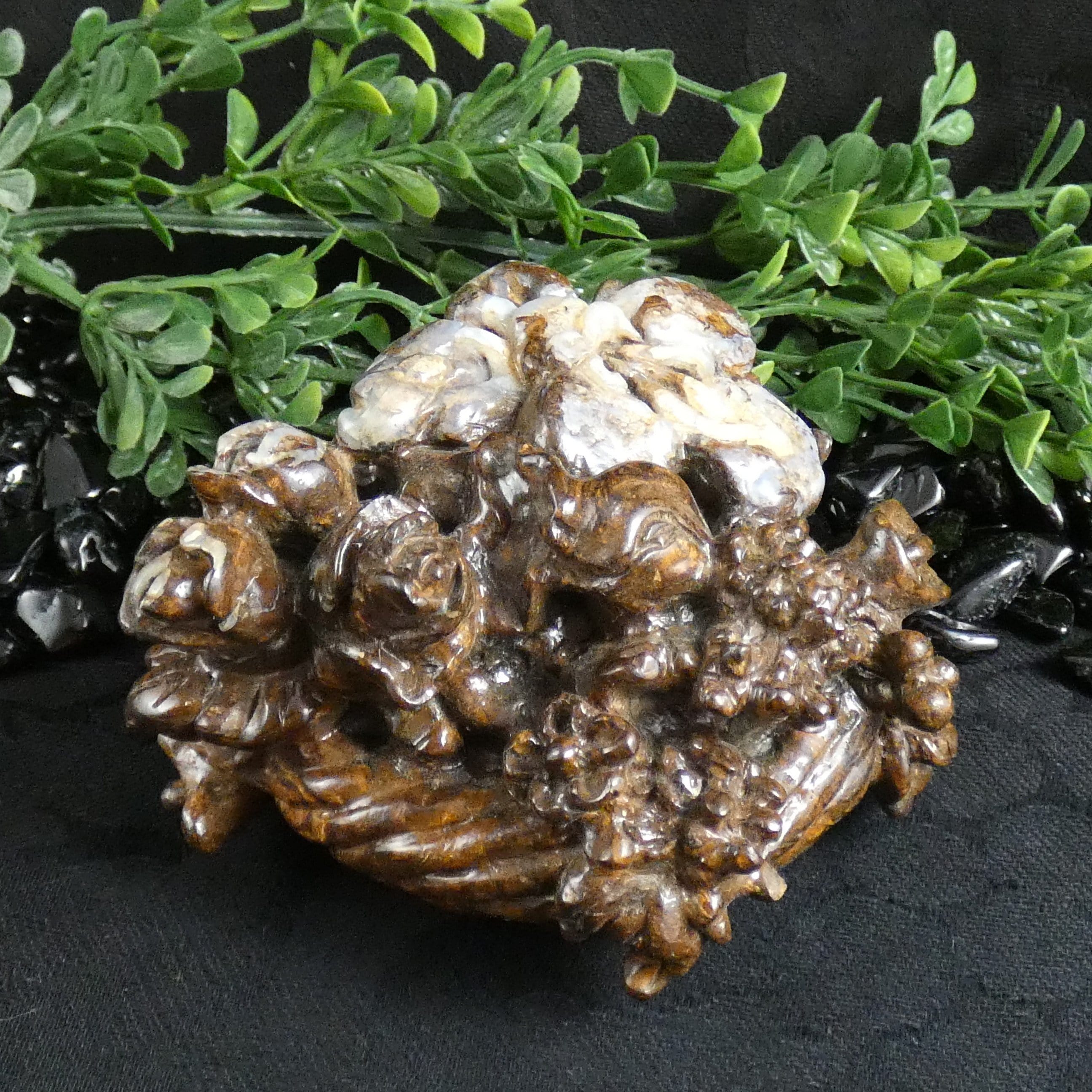 Natural Boulder Opal Flower Basket Carving - Handcrafted Gemstone Home Decor for Living Room, Office & Gift Giving