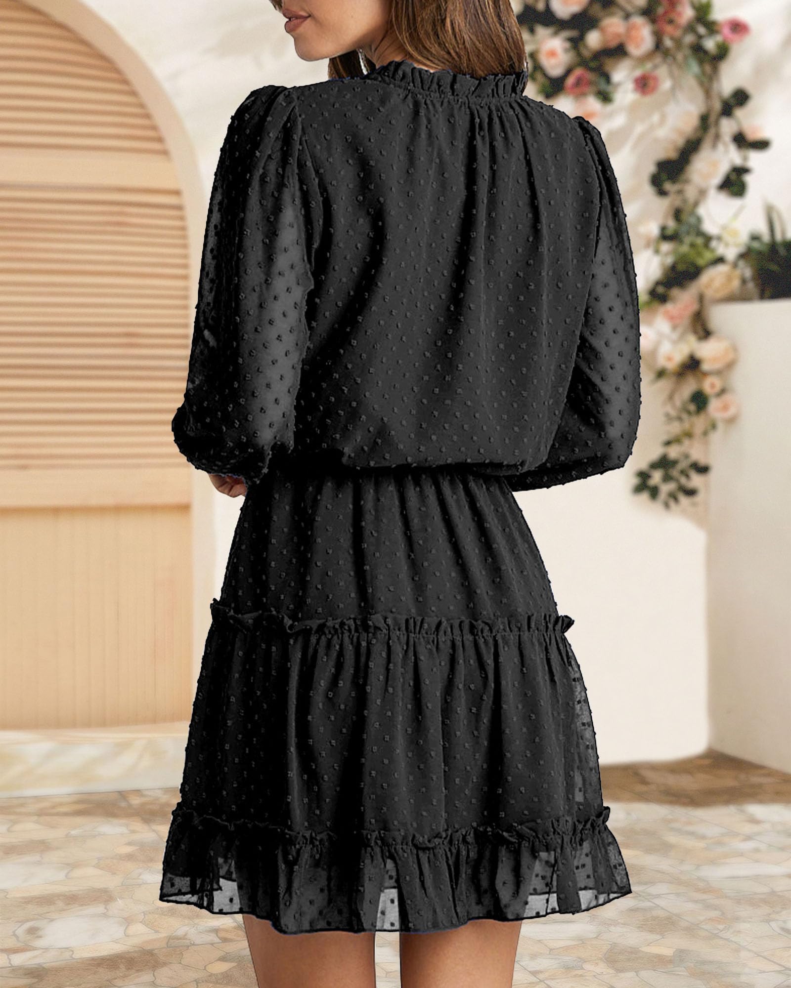BTFBM Women's Casual Summer Spring Dress 2025 - Tie Neck Long Sleeve High Waist Tiered Ruffle A-Line Swing Mini Tunic Dress for Beach, Party & Daily Wear