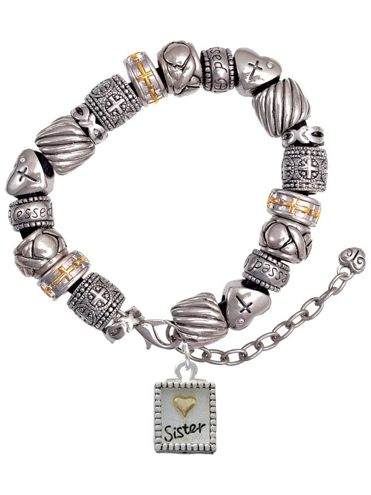 Delight Jewelry Shadow Box 'Sister' Goldtone Heart Silver Tone Christian Bead Bracelet - 7