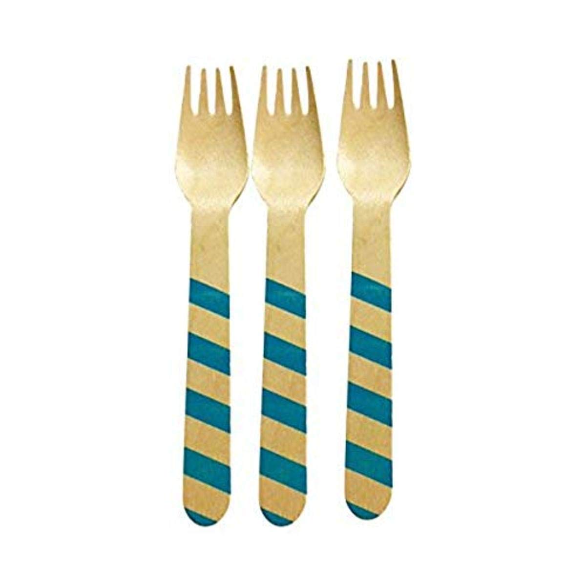 Premium Blue Striped Wooden Forks - 6 Inch Disposable Cutlery Set, Pack of 36 - Eco-Friendly Party Utensils for Weddings, Picnics & Outdoor Events