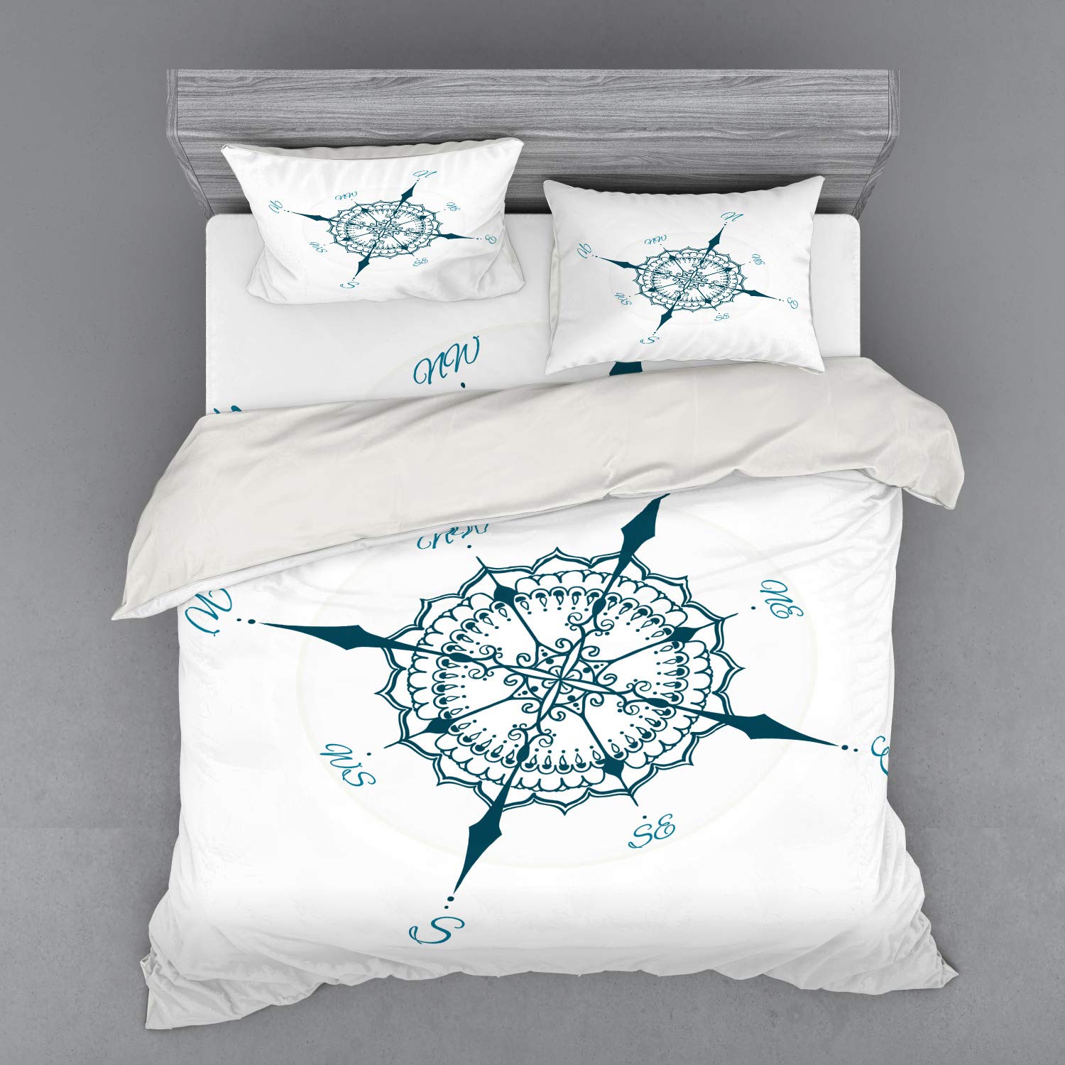Ambesonne Compass Duvet Cover Set - King Size 4-Piece Bedding with Shams & Fitted Sheet | Hand-Drawn Windrose Floral Design in Cream & Dark Green | Nautical Theme Bedroom Decor for Coastal & Adventure Style Homes