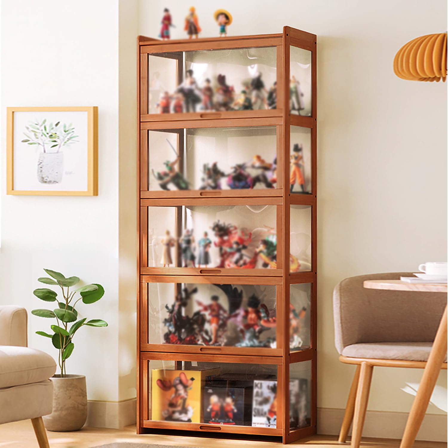 27.56x13.4x67.7in Acrylic Display Cabinet with Flip Door - Bamboo Glass Curio Shelf for Collectibles & Storage - Easy Assembly Brown Display Case - Perfect for Living Room, Office or Retail Store Showcase