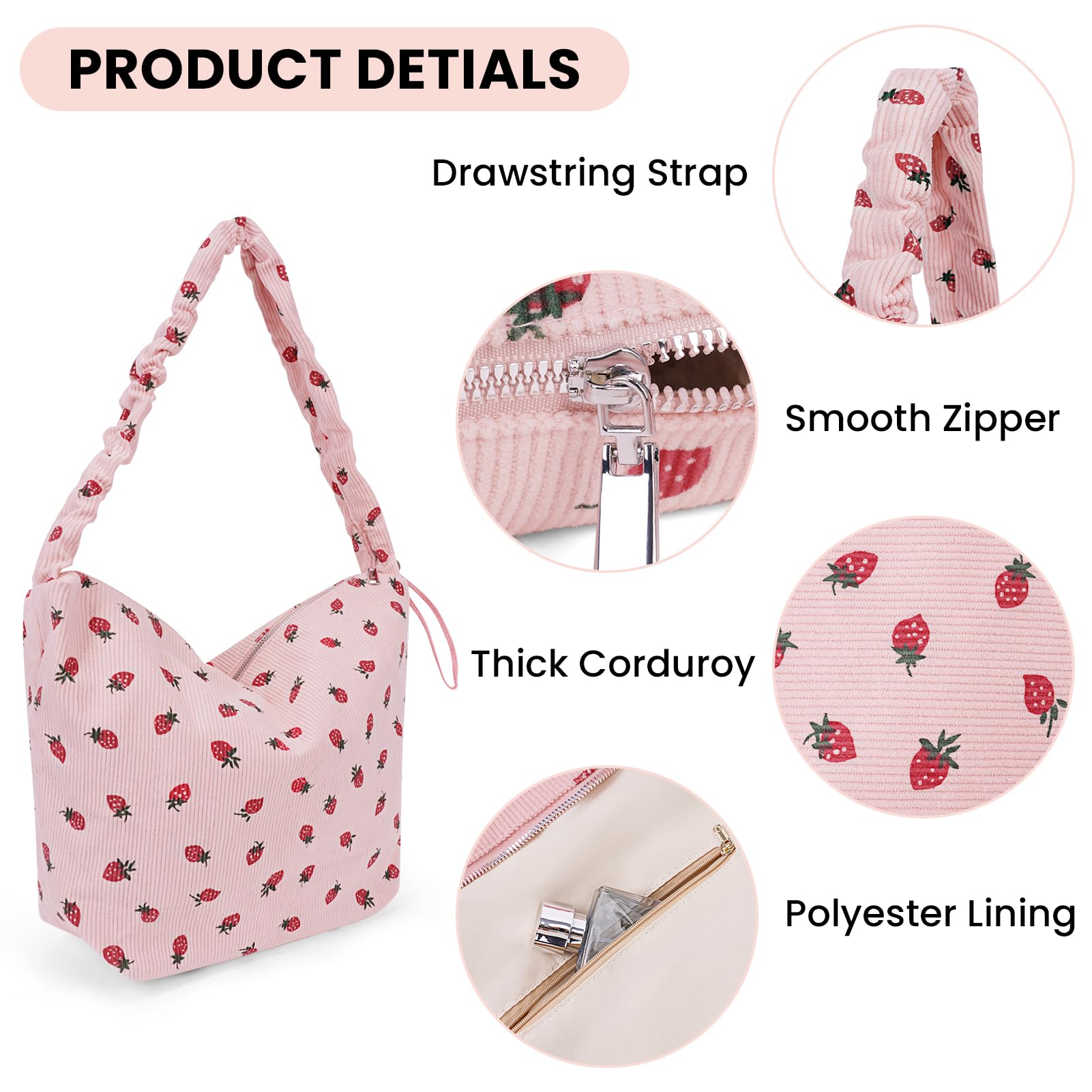 Stylish Corduroy Strawberry Tote Bag for Women - Cute Zippered Shoulder Purse & Hobo Bag | Perfect for Work, Shopping & Casual Outings