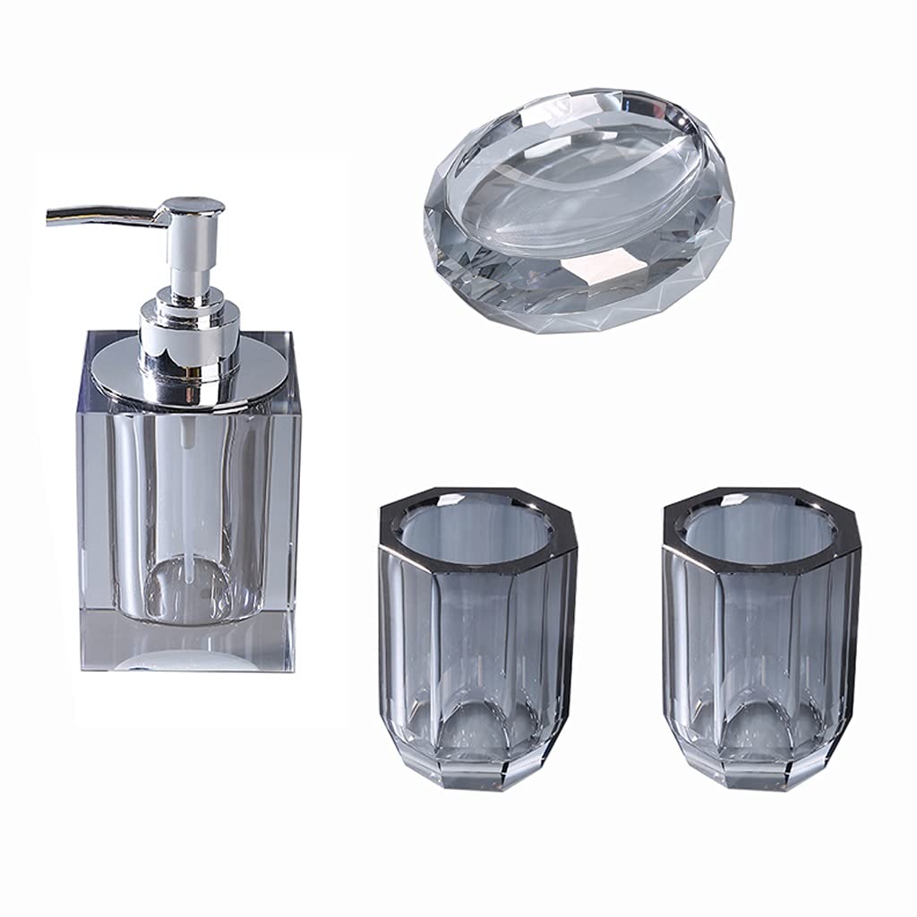 Premium Crystal Glass Soap Tray with Drain - 4pcs Bathroom Accessory Set for Shower, Sink & Vanity | Includes Soap Dish, Toothbrush Cup & Lotion Dispenser | Modern Grey Bath Organizer for Home & Spa Use