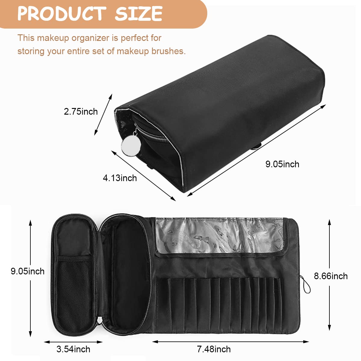 MAYCREATE Travel Makeup Brush Organizer - Waterproof Cosmetic Brush Roll with 12 Brush Sleeves, Zipper Pouch & Mesh Pocket | Dustproof Makeup Bag for Professional Artists & On-the-Go Beauty Essentials | Perfect for Travel, Home Storage & Salon Use