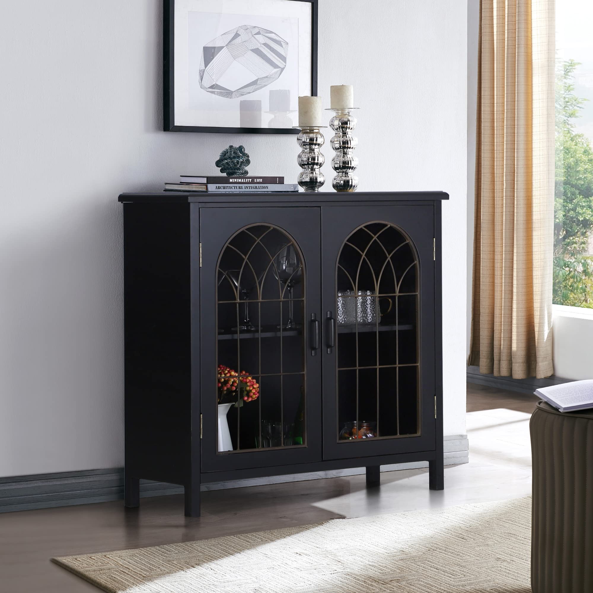 Sophia & William Sideboard Buffet Cabinet - Modern Accent Storage with Metal Church Window Doors for Kitchen, Dining Room & Entryway - Dark Grey Finish | Perfect for Home Decor, Entertaining & Organization