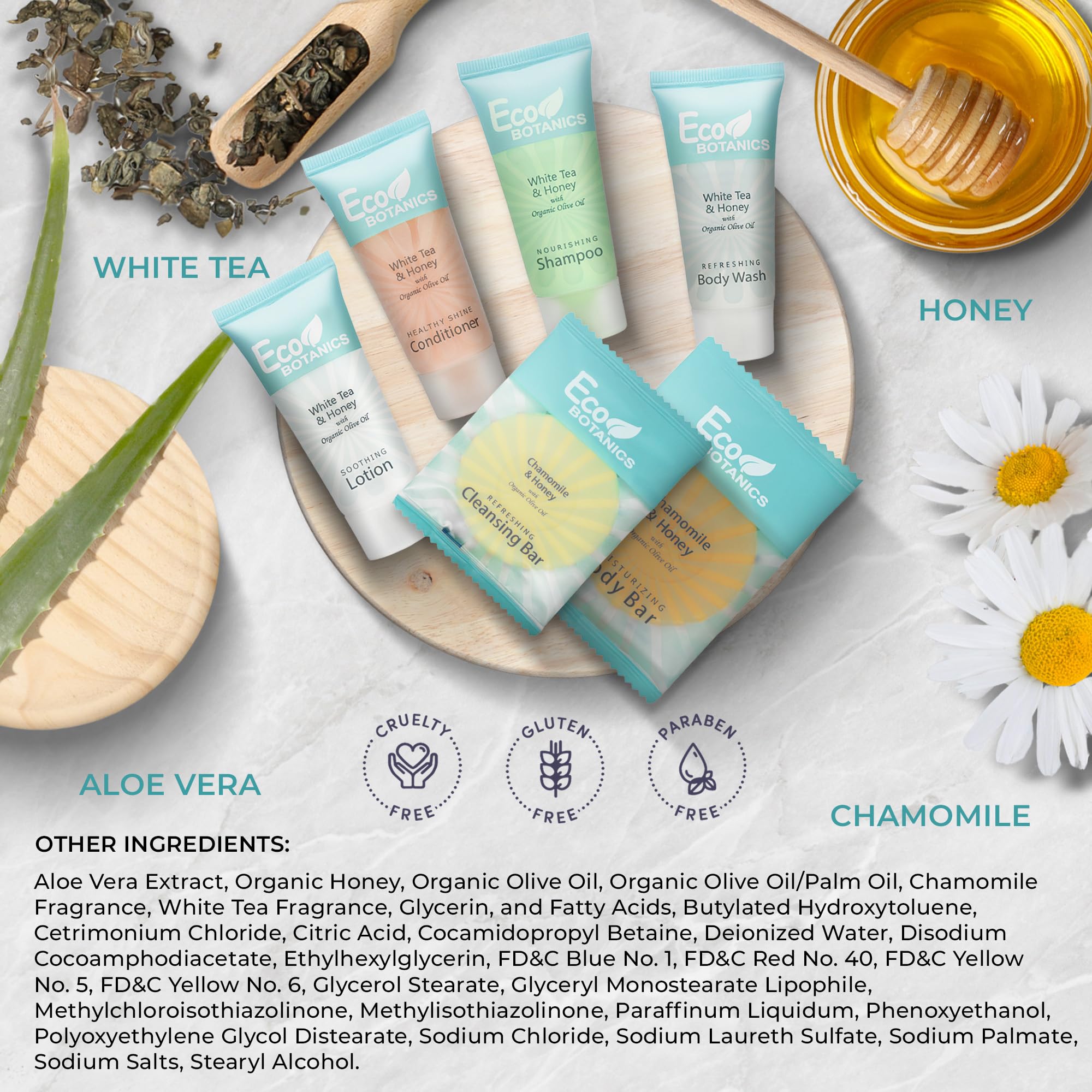 Eco Botanics Travel Amenity Kit - 15 Sets per Case | 0.85 oz Shampoo, Conditioner, Body Wash, Lotion, Soap Bar, Makeup Wipes & Dental Kit | Perfect for Hotels, Airlines, Spas & Luxury Travel Toiletries
