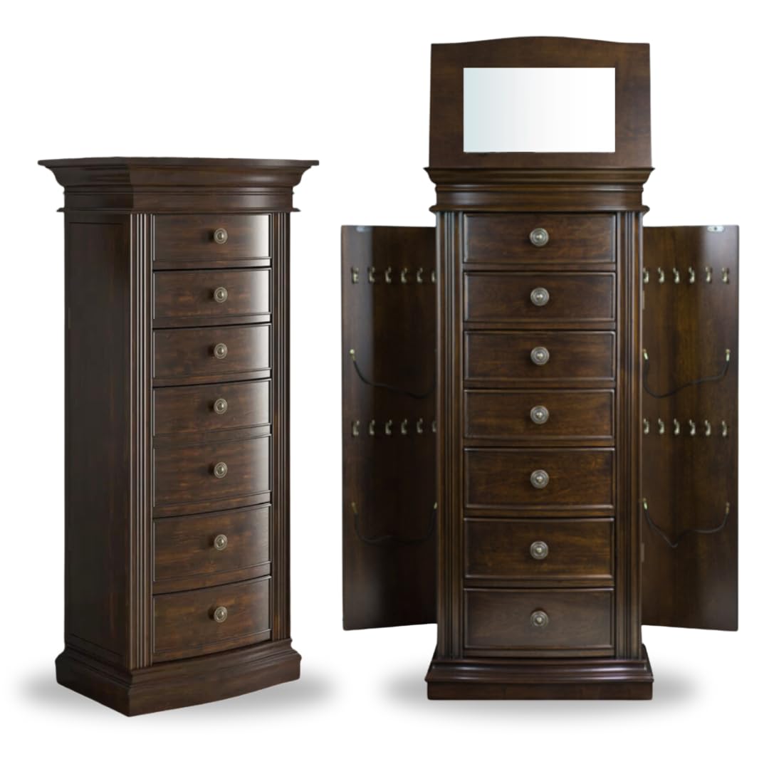 Hives & Honey Walnut Jewelry Armoire Cabinet with Mirror - 7 Drawers, 2 Side Doors for Necklace, Earring, Bracelet Storage - Perfect for Bedroom, Closet & Dressing Room Organization