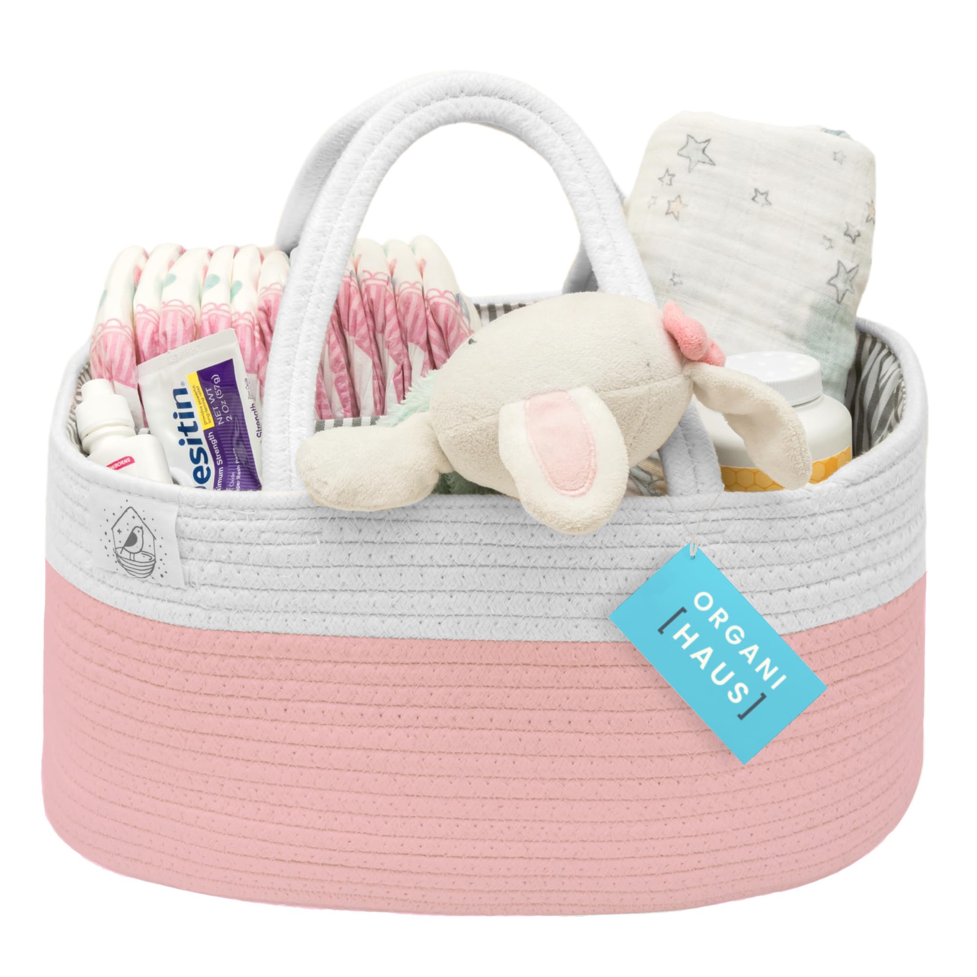OrganiHaus Rope Diaper Caddy Basket - Baby Changing Station Organizer with Dividers & Handles | Nursery Storage Solution | Perfect Baby Shower Gift for Newborns | Pink Changing Table Basket for Diapers, Wipes & Essentials
