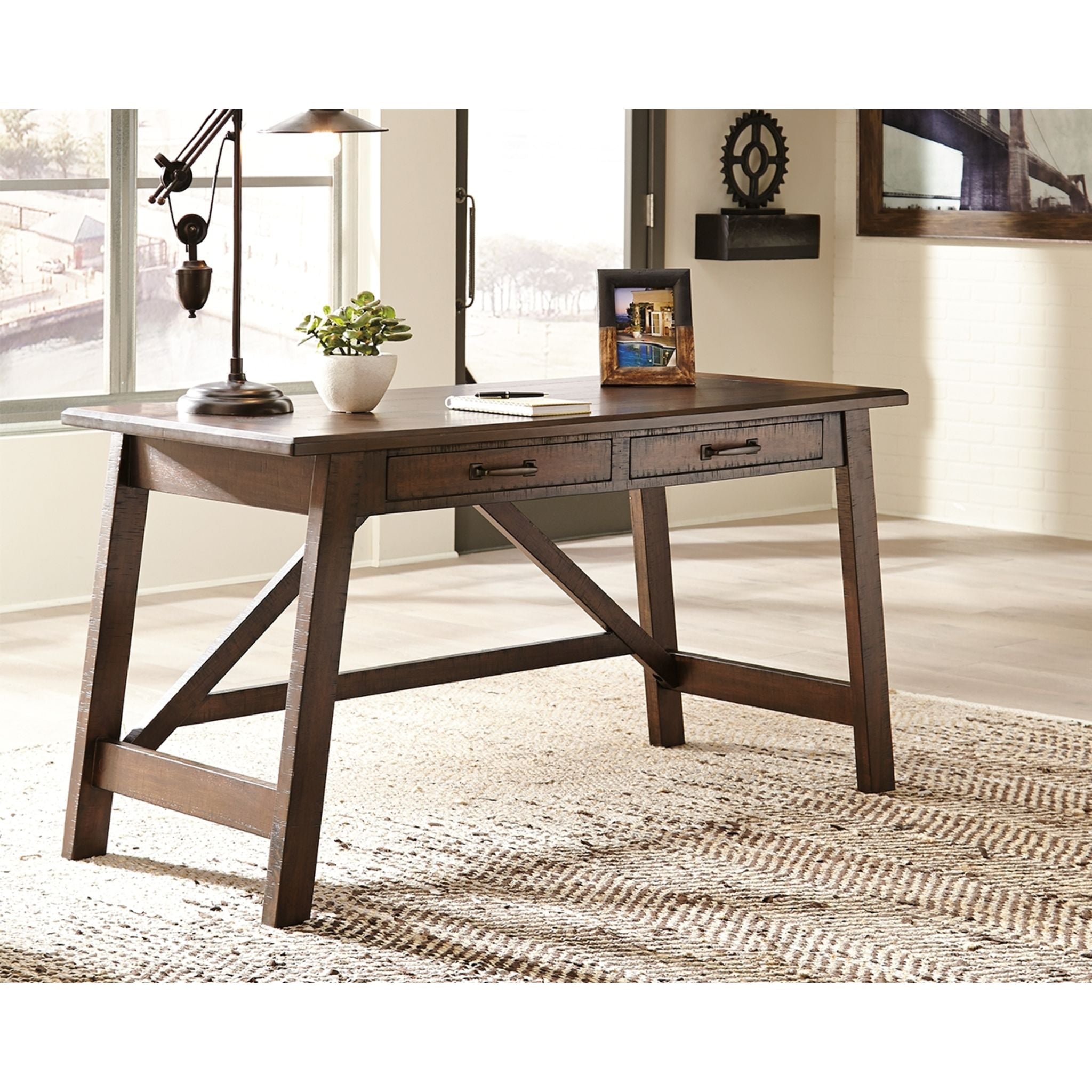 Baldridge Desk in Rustic Brown - Solid Wood Home Office Desk for Study & Work - Perfect for Home Office, Study Room & Workspace