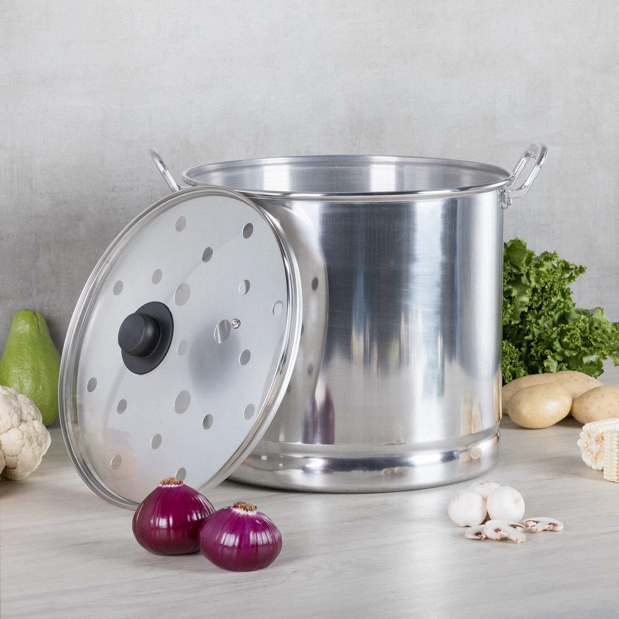 Vasconia 27.5-Quart Aluminum Steamer Pot with Tray & Glass Lid - Large Multi-Purpose Stock Pot for Tamales, Seafood, Vegetables, Soups - Stovetop Cooking Pot for Home & Restaurant Use - Hand Wash Only Kitchen Essential for Steam Cooking, Boiling & Meal Prep