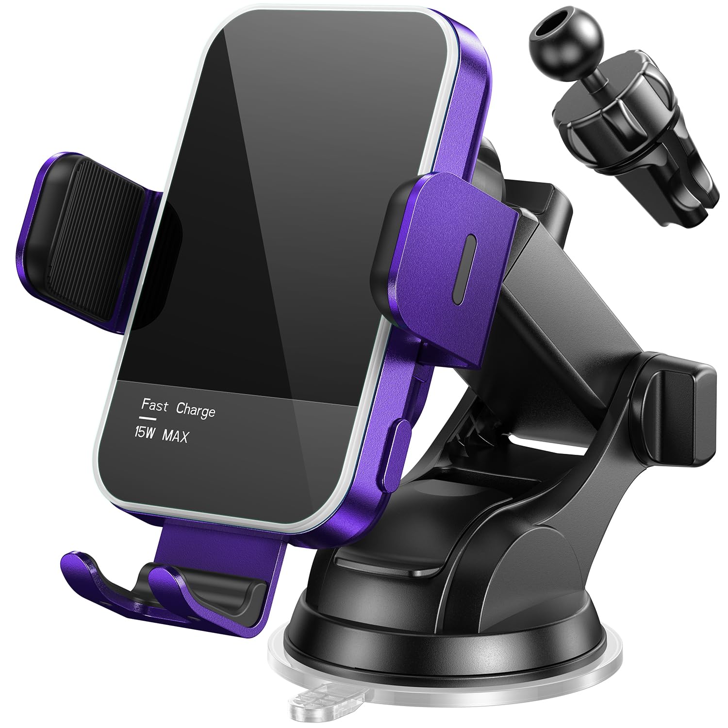 15W Fast Wireless Car Charger with Auto Clamping & 7-Color LED Backlit - Compatible with iPhone 14/13/12/11/X, Samsung Galaxy S23/S22/S21/S10/Note 20 (Purple) | Perfect for Hands-Free Charging While Driving