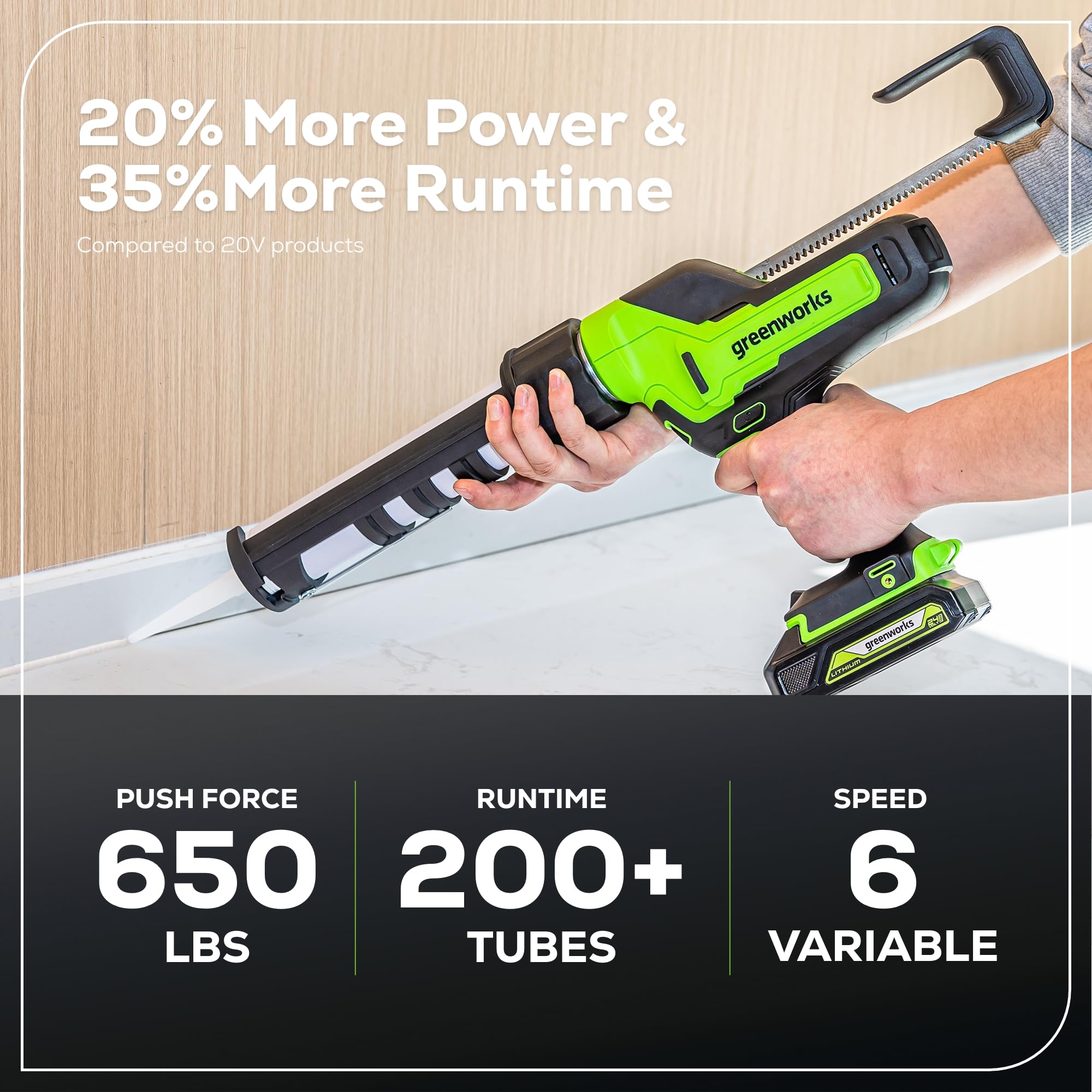 Greenworks 24V Cordless 10 oz. Caulk & Adhesive Gun - 6-Speed Adjustable with Anti-Drip Technology, Includes 2Ah USB Battery & 2A Fast Charger - Perfect for Home Repairs, DIY Projects, and Professional Construction Work