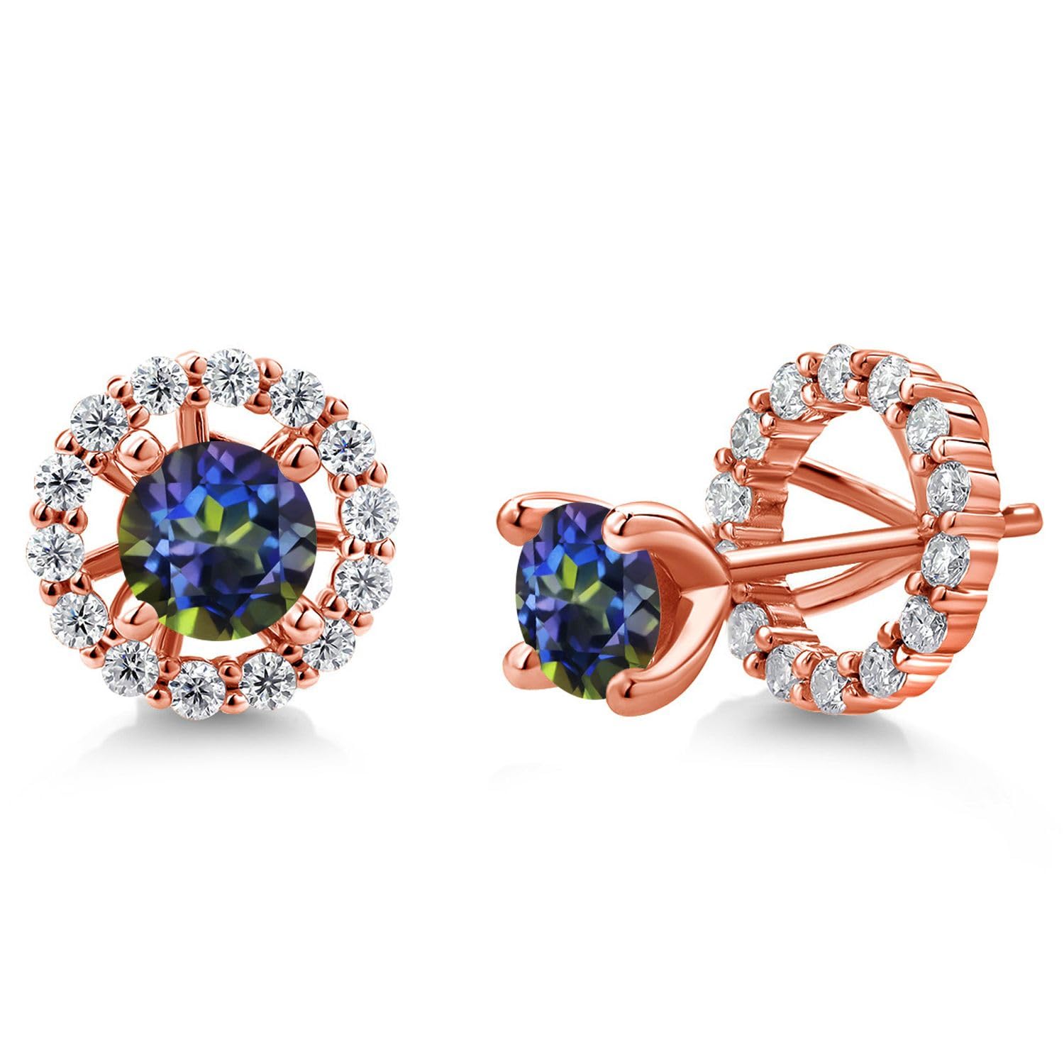 18K Rose Gold Plated Silver Gemstone & White Moissanite Birthstone Earrings for Women | 5MM Round Studs with Removable Jackets | Perfect for Birthdays, Anniversaries & Special Occasions