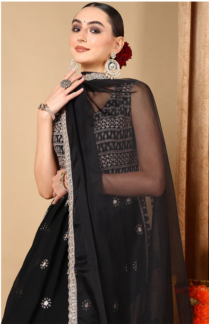 Elegant Black Poly Georgette Embroidered Straight Kurta Set for Women - Traditional Indian Ethnic Wear for Festivals, Weddings & Special Occasions