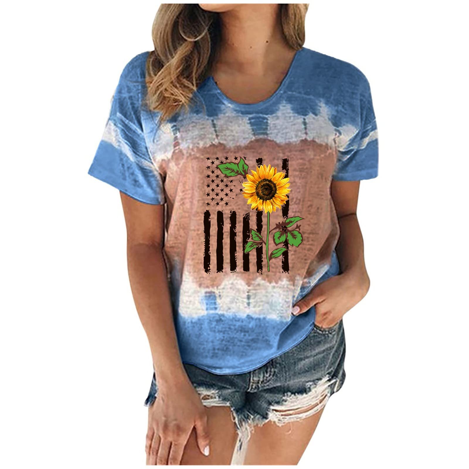 Women's Floral Print Summer Tops - Loose Fit Casual Short Sleeve Round Neck Blouse & Tunic T-Shirts for Beach, Vacation and Everyday Wear