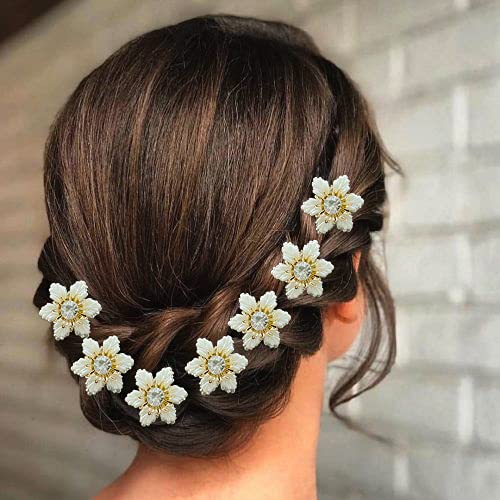 White Flower Hair Pins for Women & Girls - Pack of 8 | Artificial Floral Bridal Hair Accessories | Wedding, Prom & Party Hair Clips