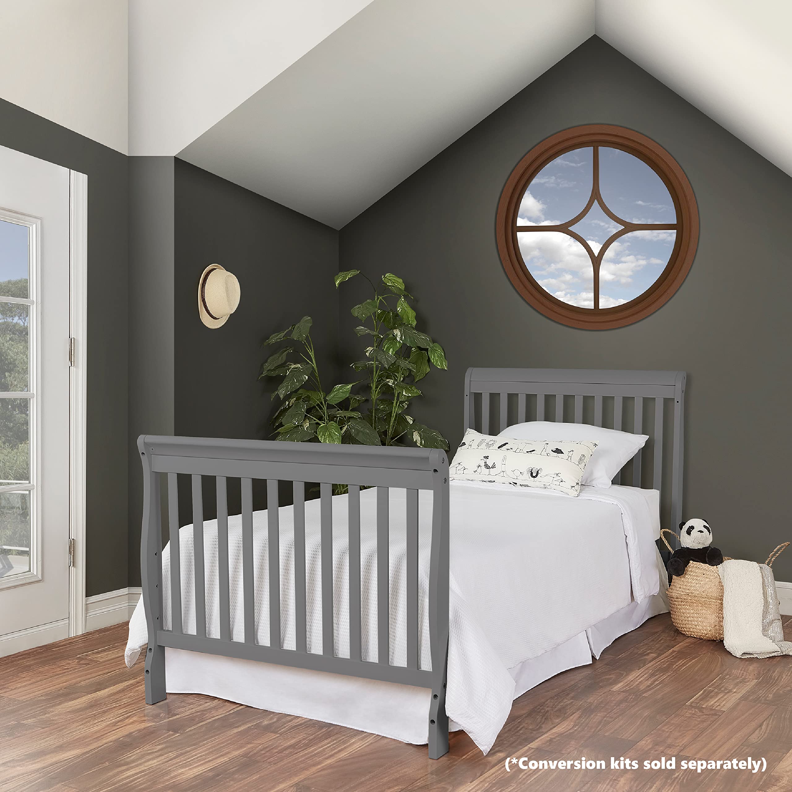 Dream On Me Aden 4-in-1 Convertible Mini Crib - Steel Grey | Greenguard Gold Certified | Non-Toxic New Zealand Pinewood | 3 Adjustable Mattress Heights | Perfect for Nursery, Small Spaces & Travel