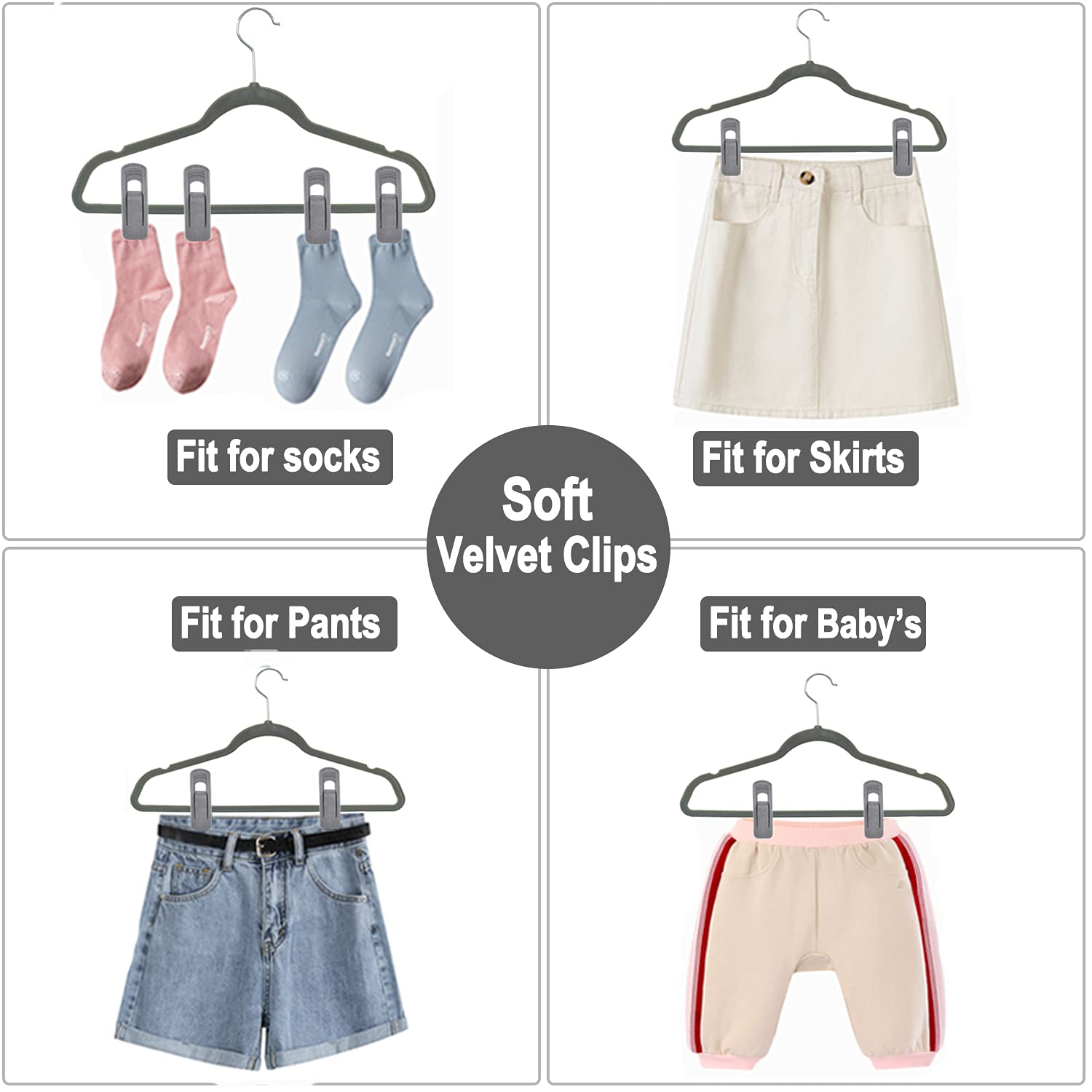 40 PCS Gray Non-Slip Velvet Hanger Clips - Skirt & Pants Hangers for Slim Velvet Hangers, Perfect for Closet Organization & Space Saving