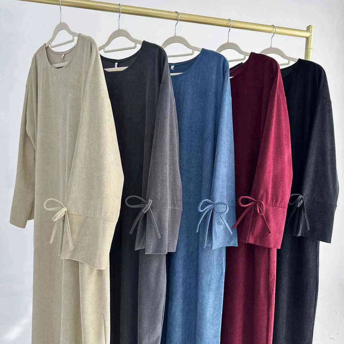 Elegant Bowknot Cuff Corduroy Abaya Dress for Women - Winter & Fall Long Sleeve Maxi Dress #24925 | Perfect for Modest Fashion, Prayer, and Special Occasions