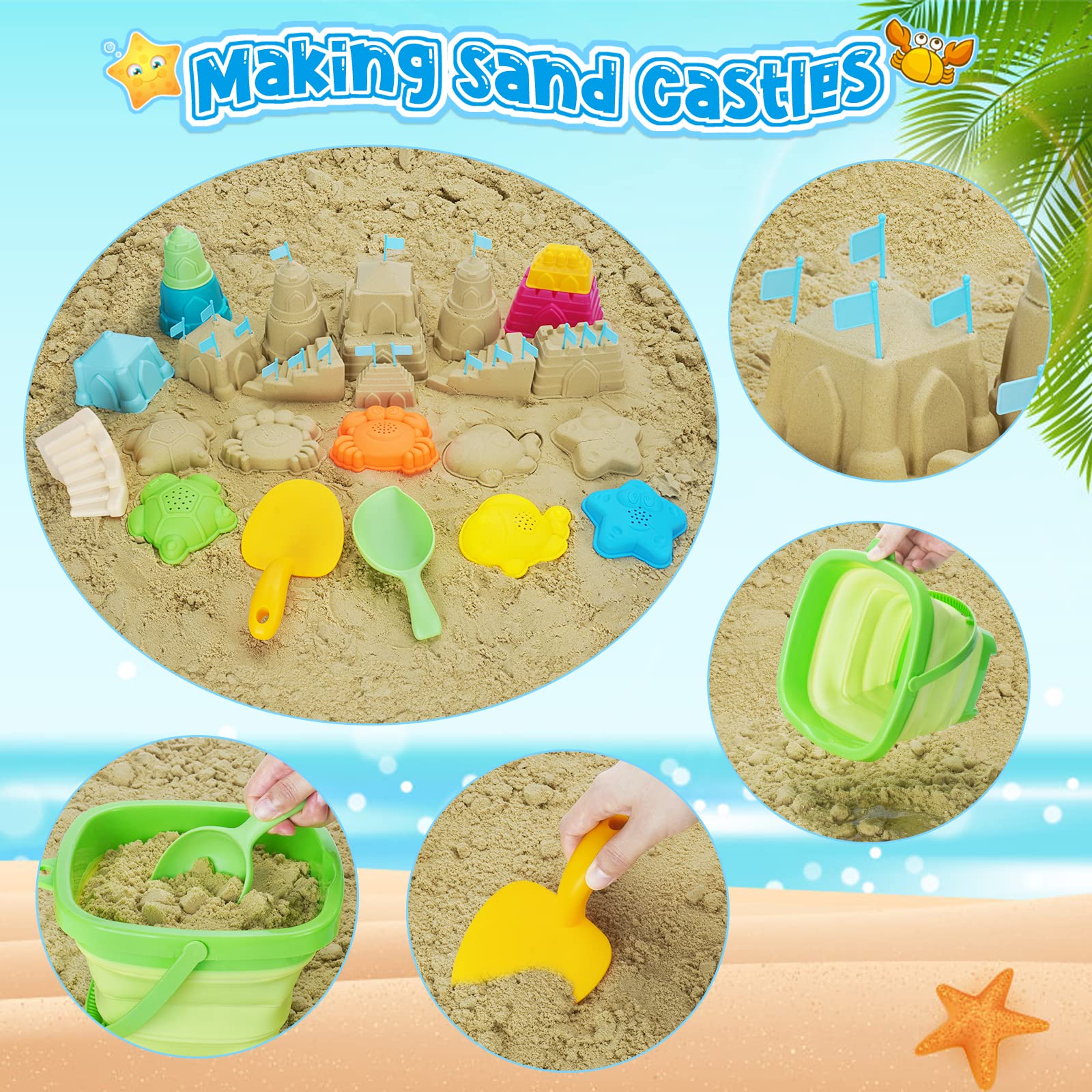 **Best Beach Toys Sand Play Set for Kids - Collapsible Bucket, Shovels, Molds & Mesh Bag - Perfect for Beach, Sandbox & Outdoor Play (Medium Size) - Fun Summer Travel Toys for Toddlers & Children**