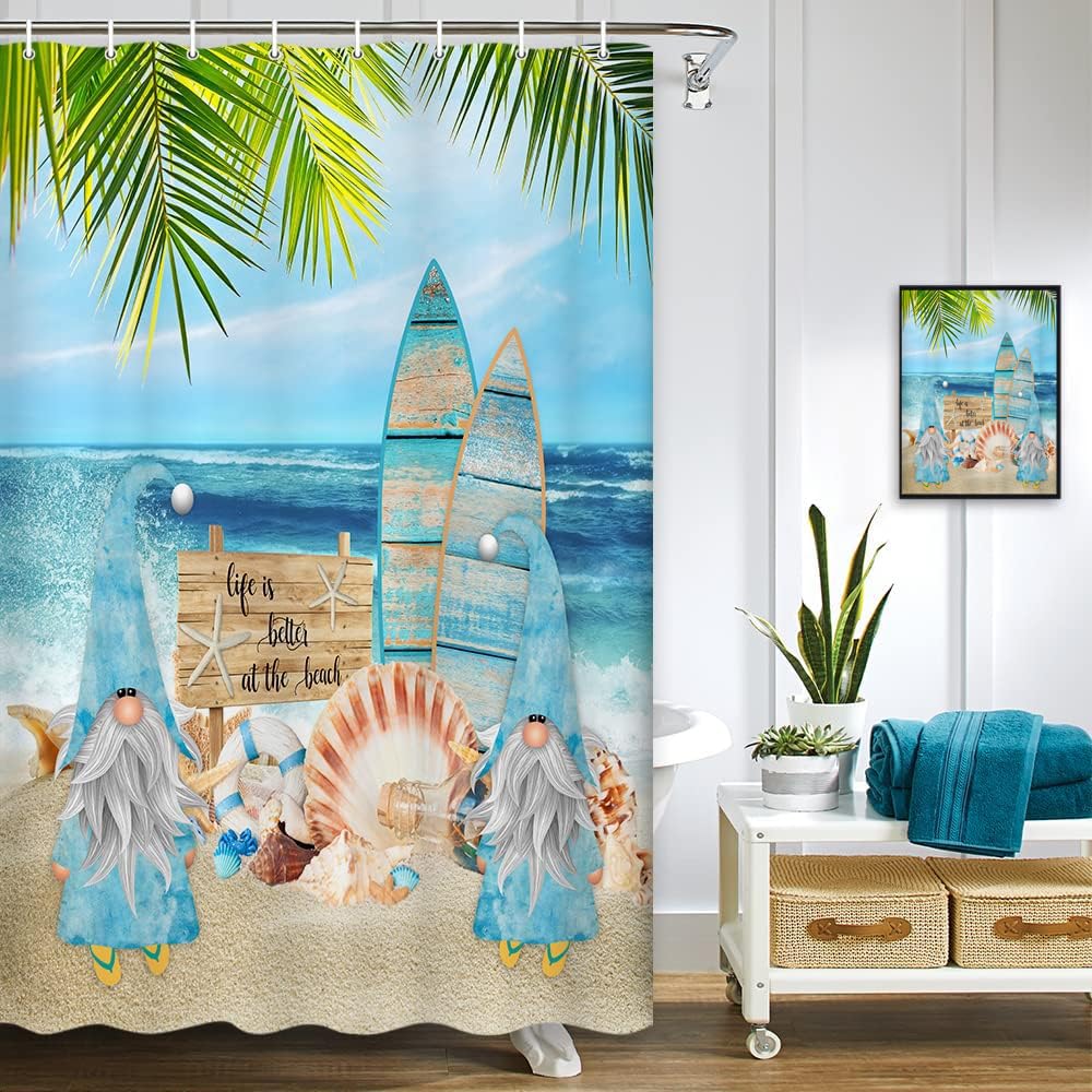 Fun Tropical Beach Shower Curtain Set with Surfing Gnomes - Blue Ocean Seaside Bathroom Decor (47x64 Inches) - Perfect for Kids' Bathrooms, Beach House Themes & Summer Vacation Vibes