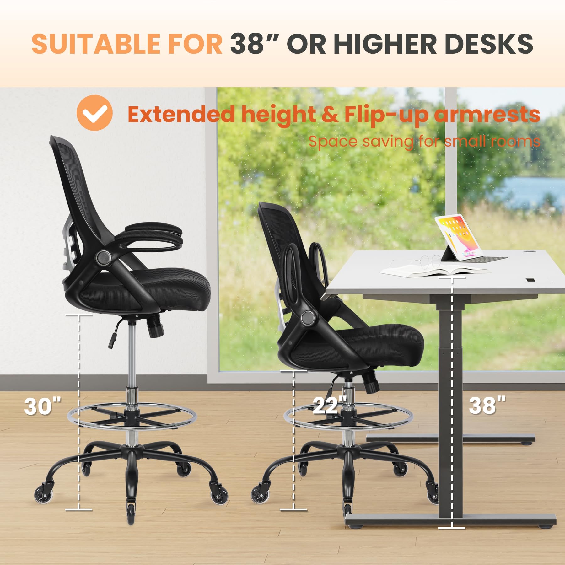 Ergonomic Adjustable Drafting Chair with Lumbar Support & Footrest - Heavy Duty Tall Office Stool for Artists, Standing Desk & Home Office Use - Perfect for Drawing, Drafting & Long Work Sessions