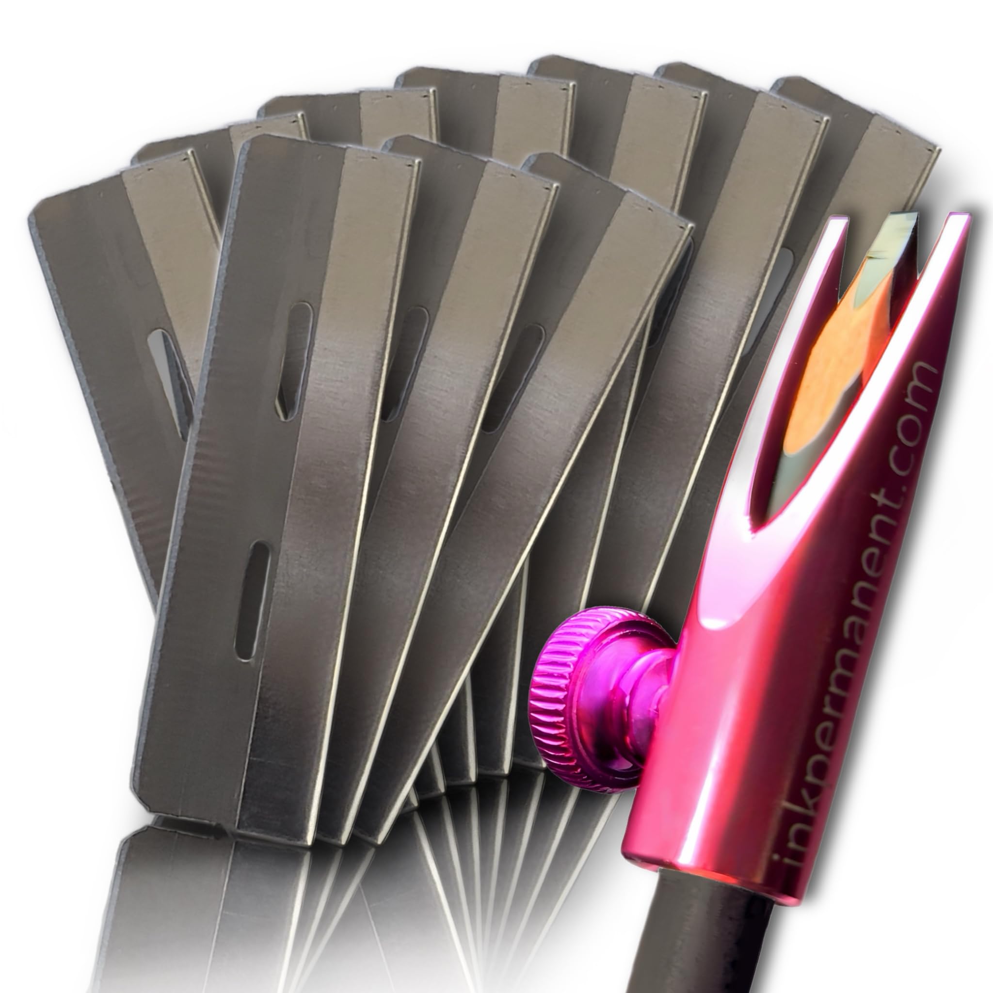 Professional Metal Eyebrow Pencil Sharpener & Mapping Tool - Perfect for Waterproof Peel-Off Brow Pencils with 10 Razor Blades, Duckbill Design for Precise Shaping - Pink Eyebrow Grooming Kit for Salon & Home Use