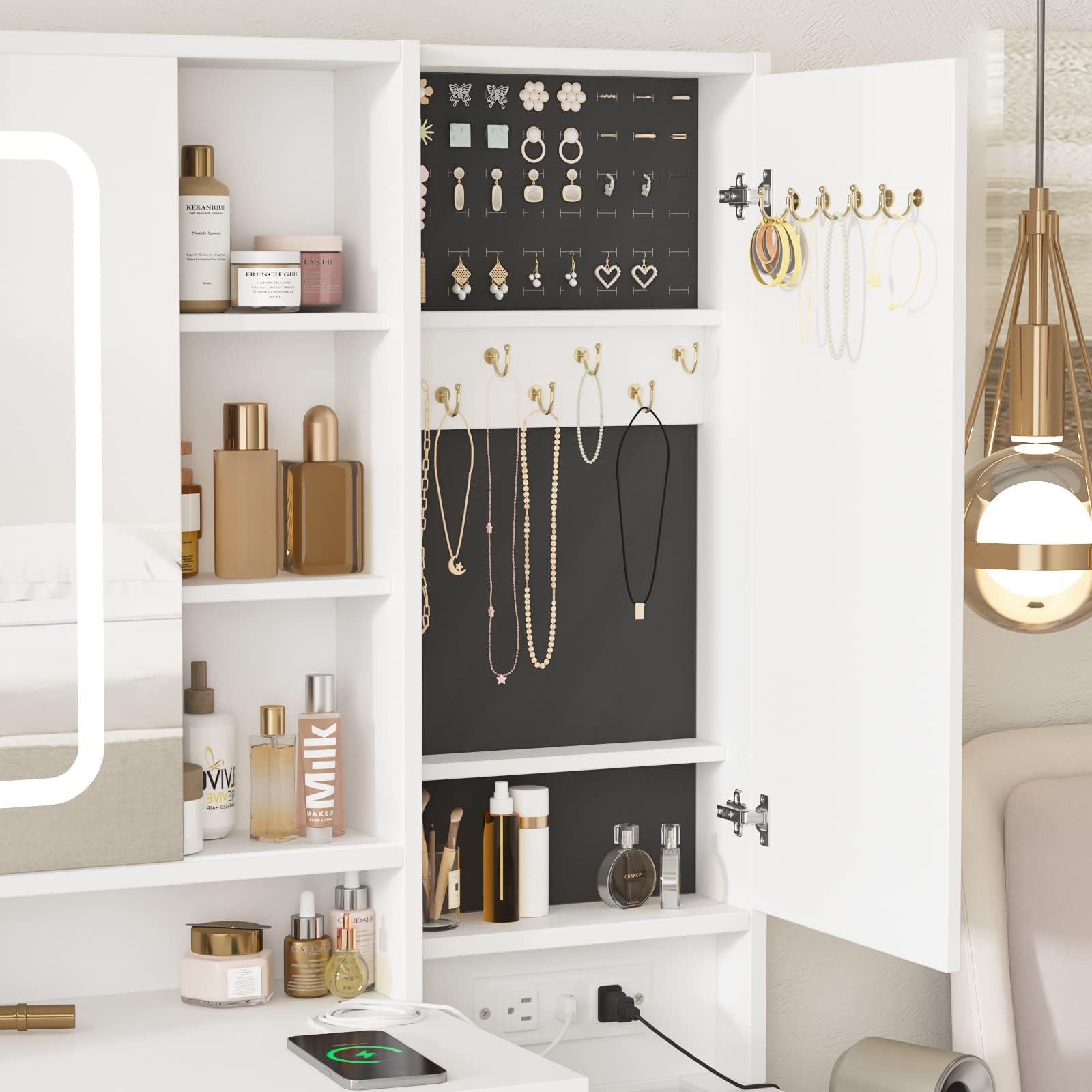 White Vanity Desk with Mirror & LED Lights - Makeup Vanity Table with 3 Drawers, Storage Cabinets, Charging Station & Sliding Door - Perfect for Bedroom, Dressing Room & Home Office Organization