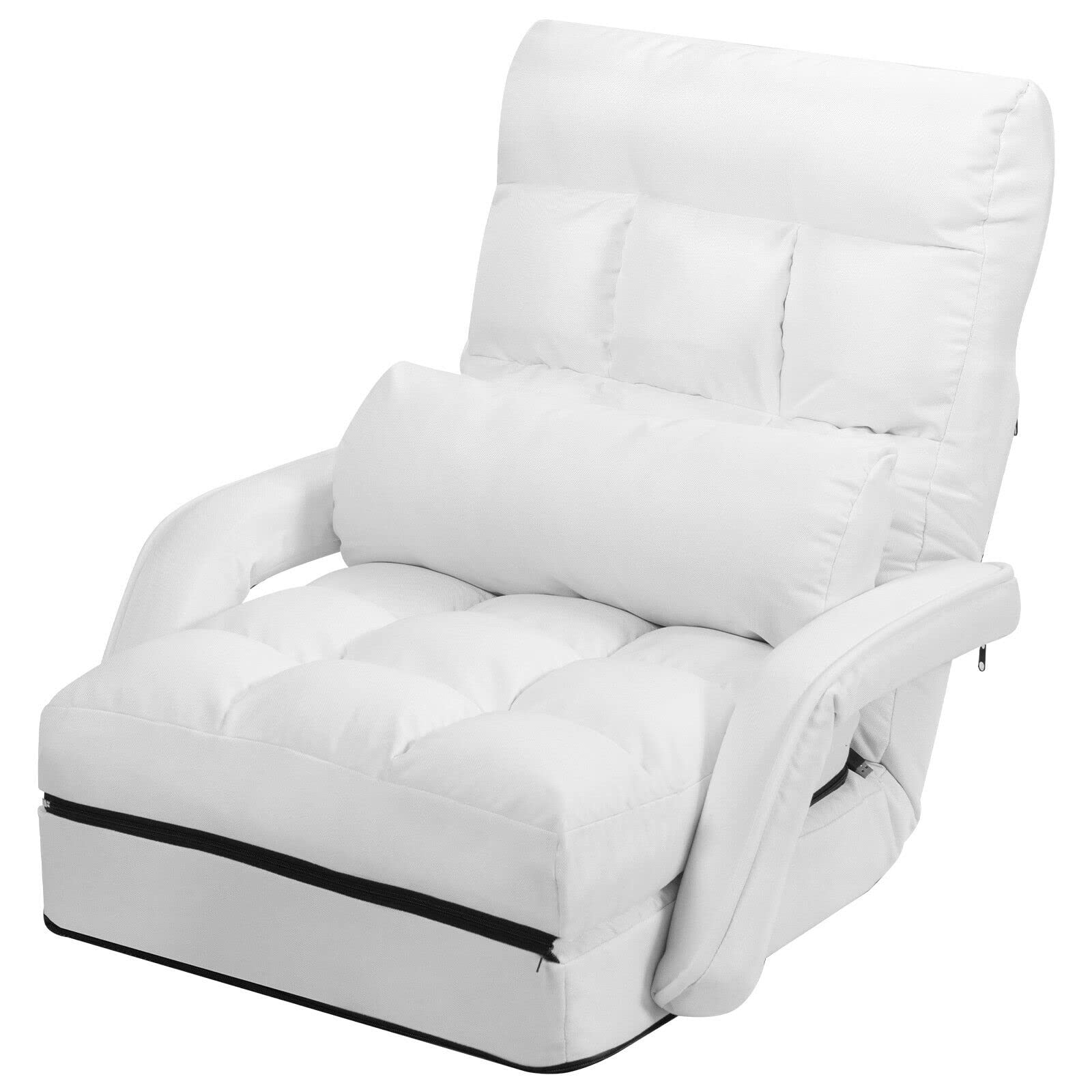LHONE Folding Lazy Sofa Floor Chair - Convertible Lounger Bed with Armrests & Pillow - Portable Chaise Couch for Living Room, Bedroom, Dorm (White) - Perfect for Relaxing, Reading, and Napping
